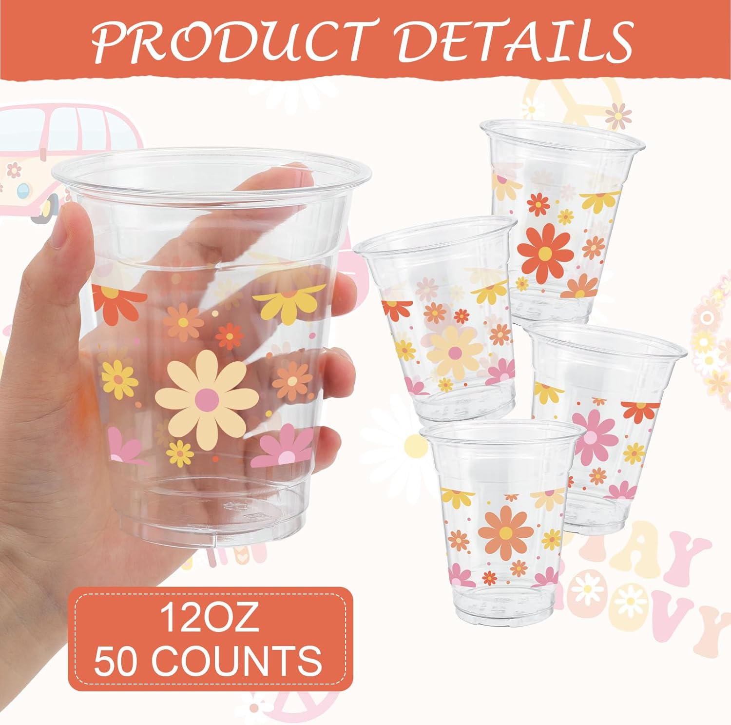 ABURRORI 50 Pcs 12OZ Groovy Plastic cups, Boho Daisy Flower Party Decorations Disposable Retro Hippie Clear Plastic Cups Juice Soda Beverage Holiday Party Favors For Birthday Themed Supplies - Image 3