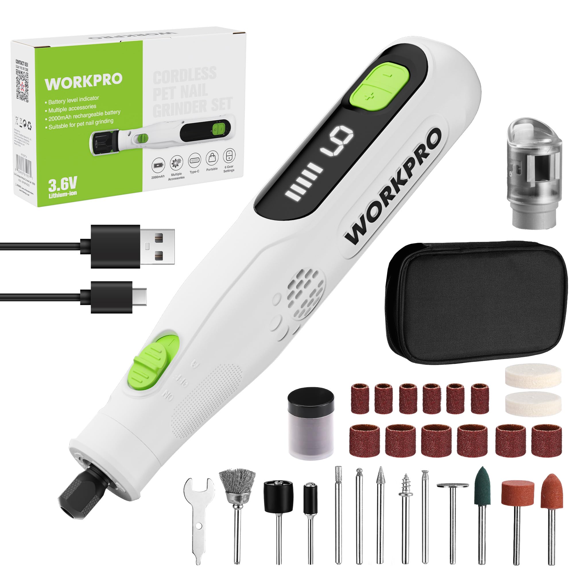 workpro 3.6v cordless rotary tool kit, 70 accessories, 6 variable speeds, type-c rechargeable, mini power rotary tool for sanding, polishing, engraving and pet nail grooming
