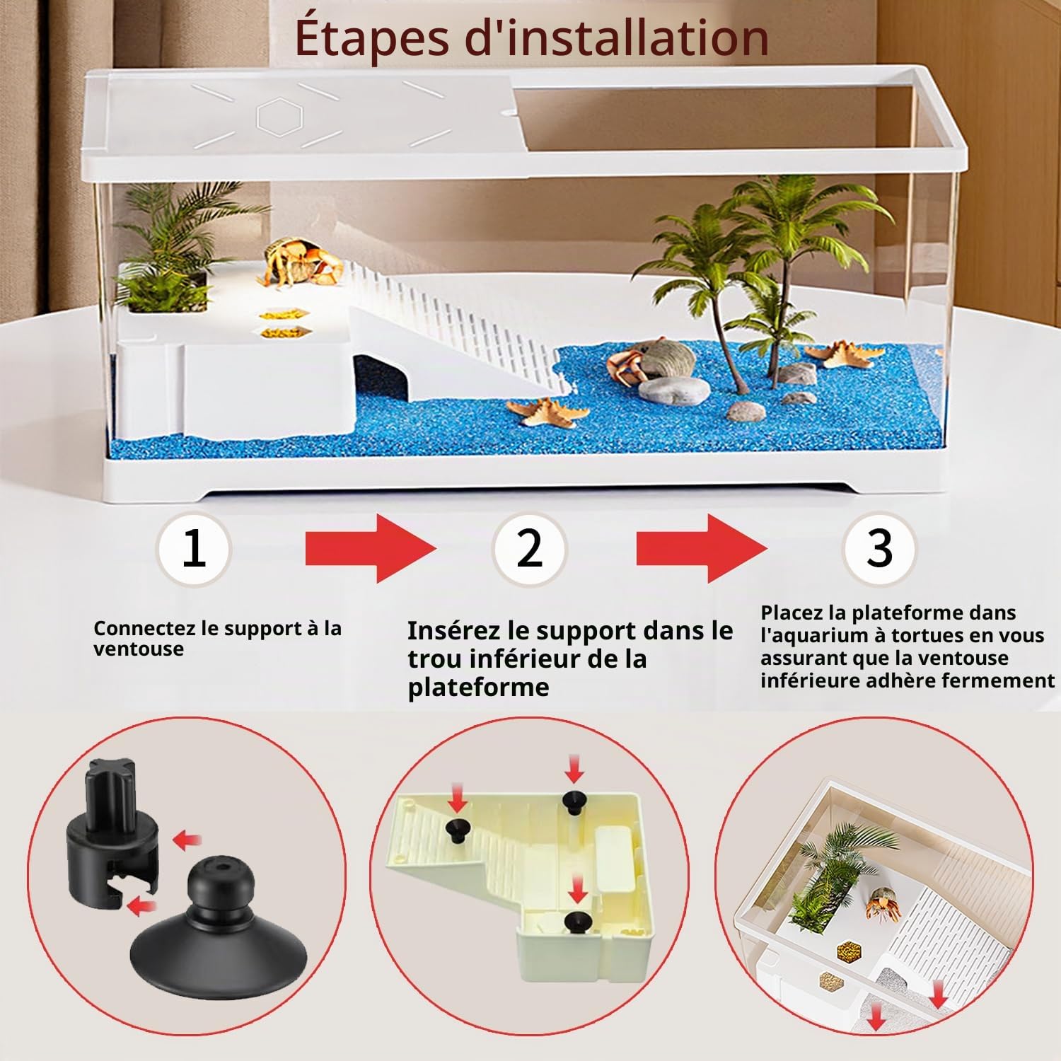 Aquarium pour Tortues avec Plateforme de Bain de Soleil et Drain au Fond, 40 x 20 x 22,5 cm, Aquarium pour Jeunes Tortues, écrevisses, crabes, Amphibiens et Reptiles，Blanc