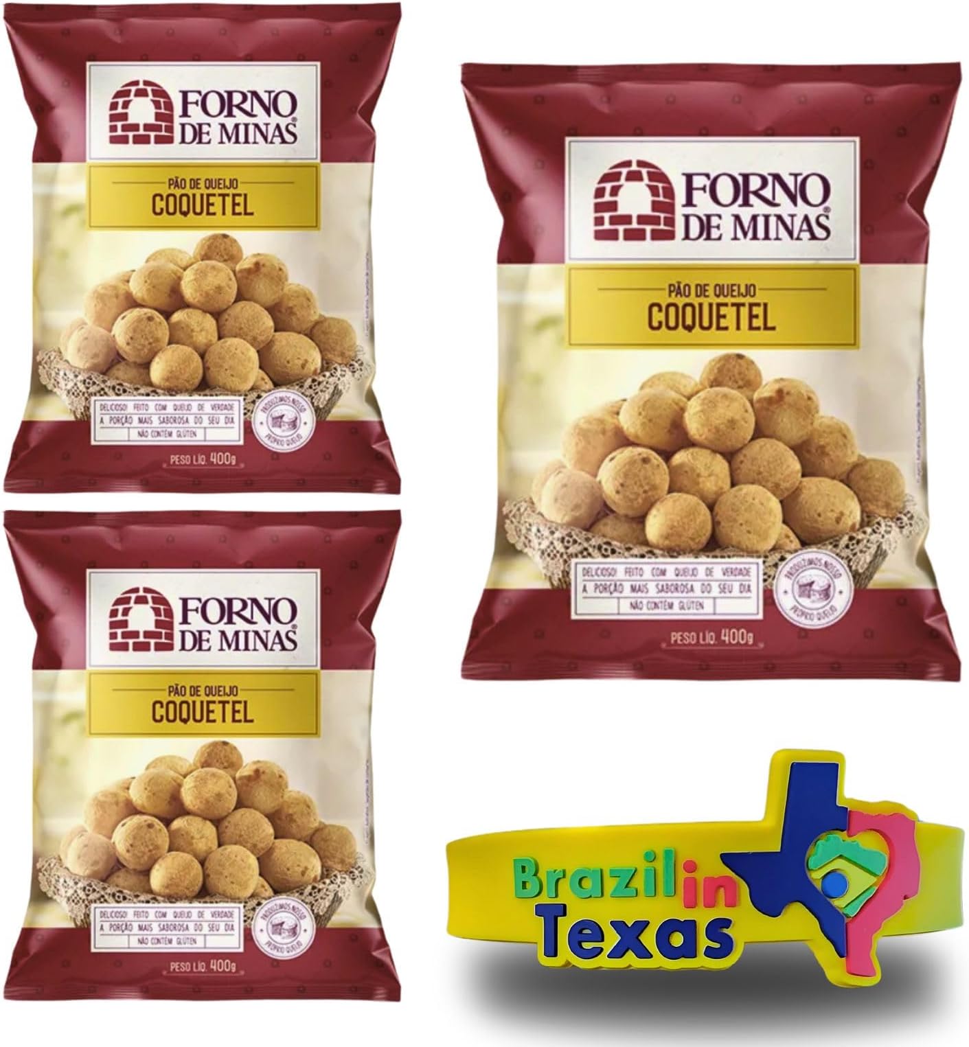 Pão de Queijo Brasileiro Congelado Tamanho Mini Forno de Minas 400g | Pack of 3x400g | Brazilian Frozen Cheese Bread Mini Size + Silicone Bracelet Souvenir | Brazil in Texas | Bundle