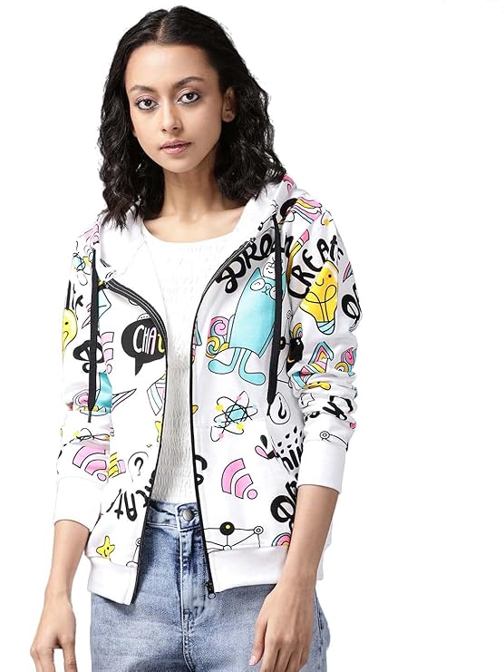 Womens Full Sleeves Cotton Multi Colour Hooded Doodle Printed Zipper Sweatshirt