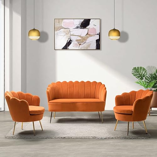 HULALA HOME 3 Piece Velvet Living Room Furniture Set, Including Loveseat & 2 Sofa Chairs, Modern Comfy Upholstered 2-Seater Sofa & Accent Chair Set for Bedroom, Flower Shaped Back & Gold Legs, Orange
