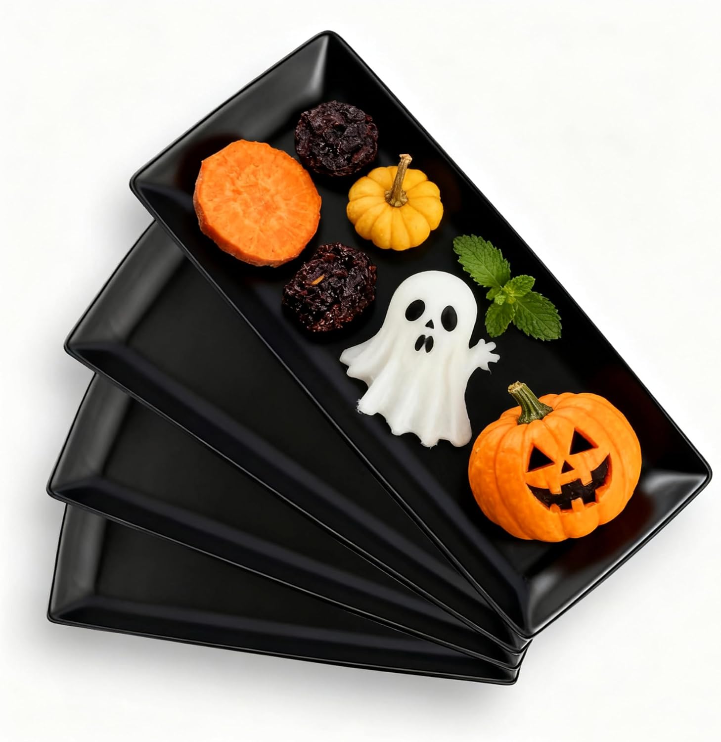 Gomakren Serving Platter Serving Dishes, 14 Inch Porcelain Serving Trays for Party, Halloween Large Serving Platters and Trays, Rectangular Sushi Plates for Entertaining Thanksgiving, Set of 4, Black