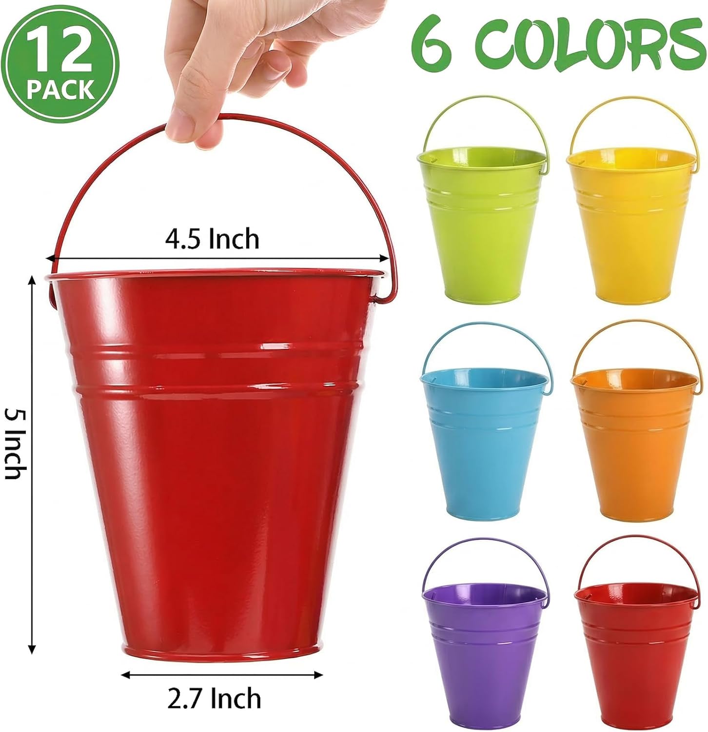 Nicunom 12 Pack Small Metal Buckets with Handle, Colored Galvanized Metal Bucket Small Pails for Party Favors, Decor, Garden Planters, 4.5 x 5 Inch