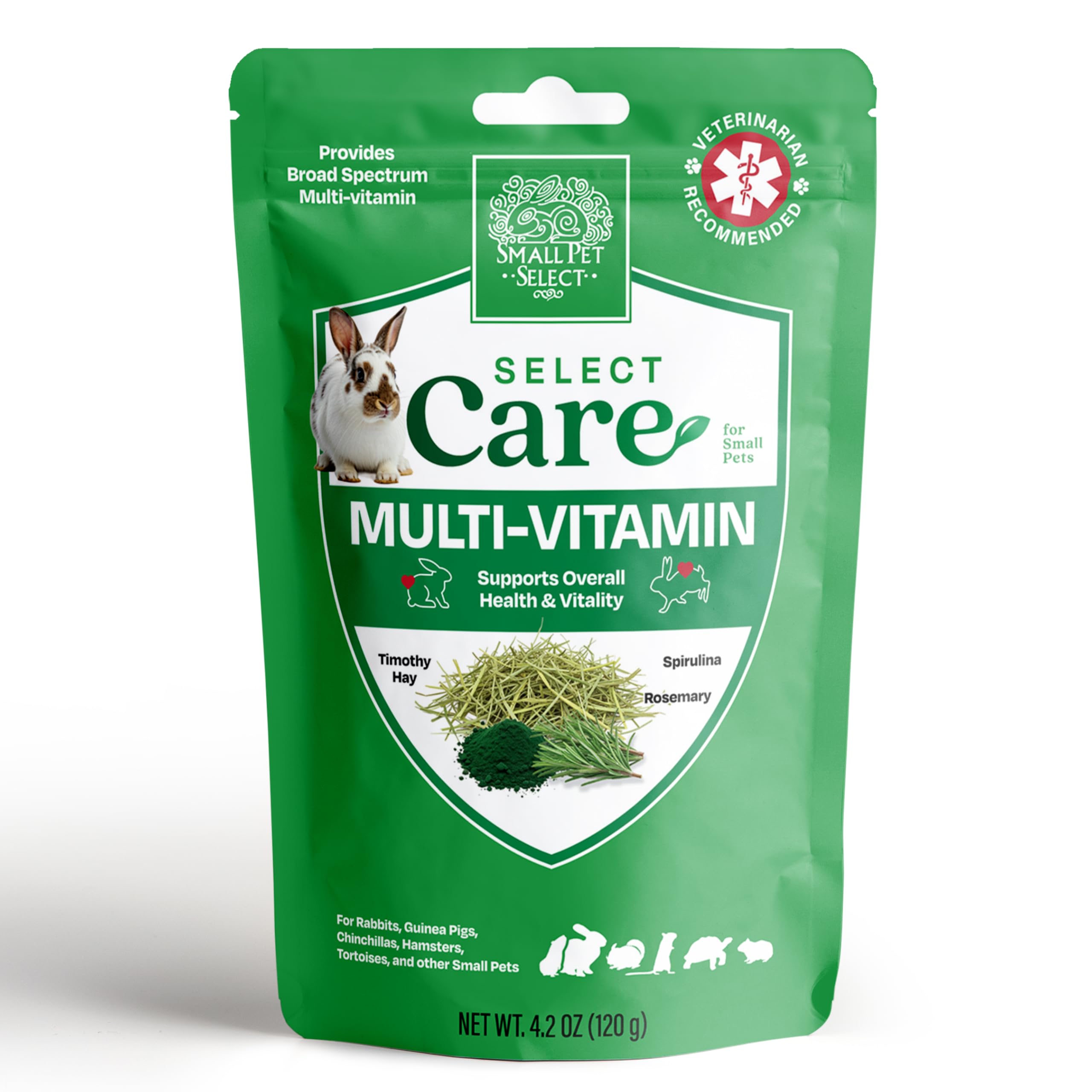 Small Pet Select Select Care Multi Vitamin Support with Timothy Hay, Natural Herbs for Rabbits, Guinea Pigs, Small Animals, 120g Resealable Pouch
