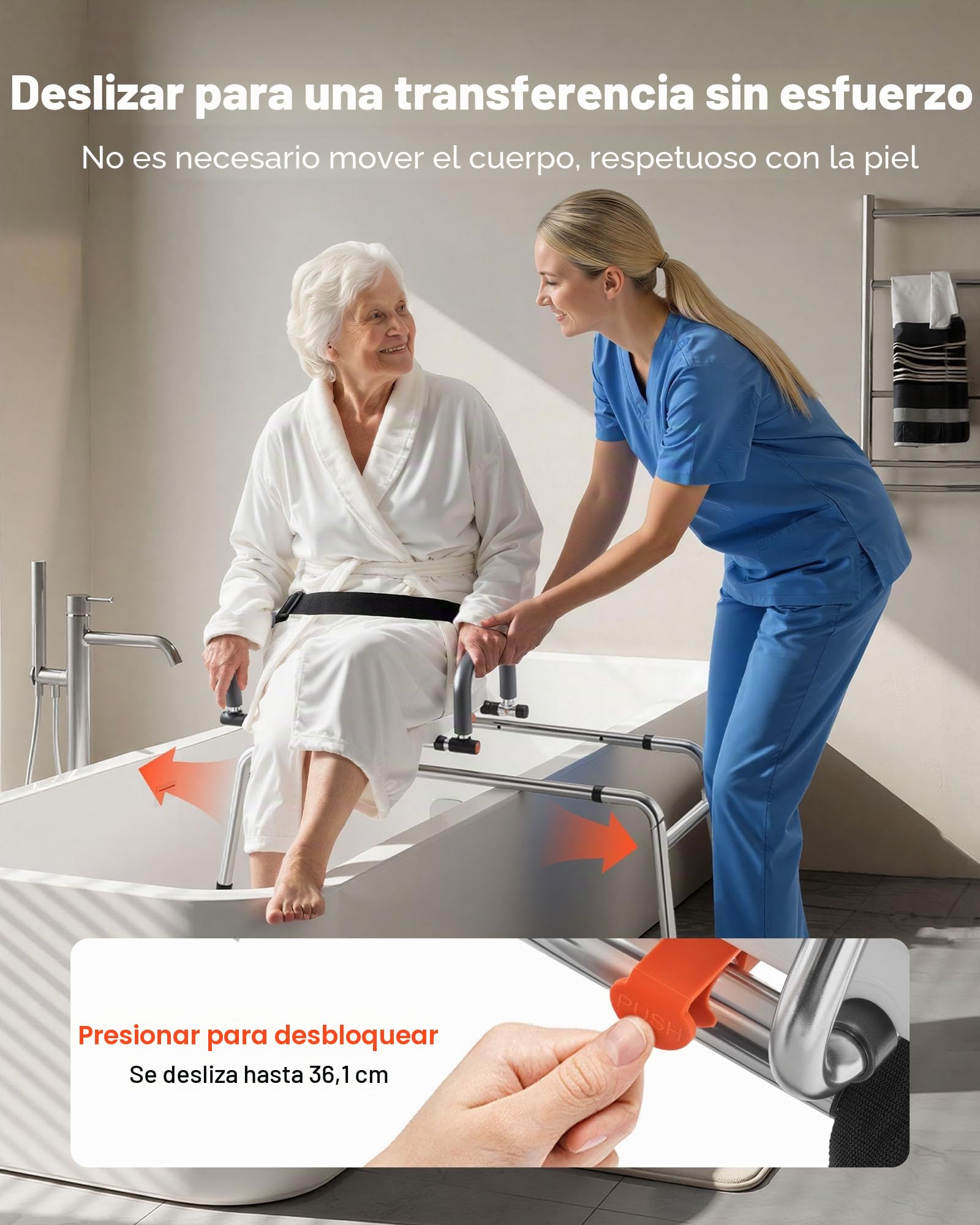 VEVOR Asiento de Bañera Deslizante Carga de 180 kg, Silla de Ducha con Asiento Giratorio, Banco de Transferencia de Bañera con Brazos y Respaldo, Altura y Ancho Ajustables, para Personas Mayores