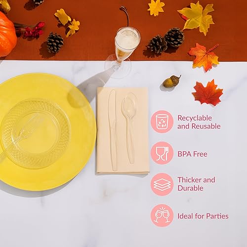 Vista 12 de Prestee - Juego de cubiertos desechables de plástico, 300 unidades, 100 tenedores / cucharas / cuchillos, desechables, color plateado