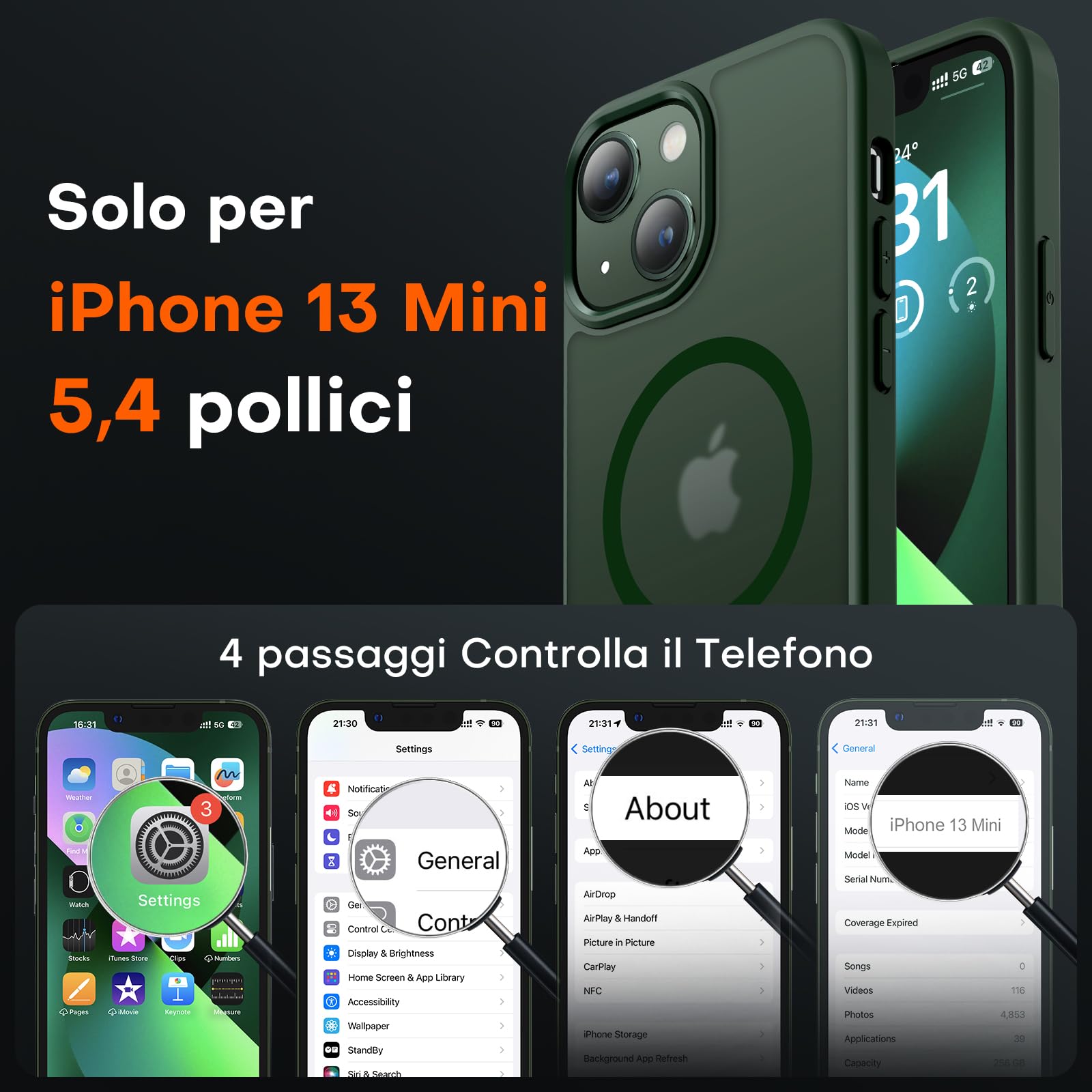 TOCOL Cover Magnetica per iPhone 13 Mini 5,4 Pollic, Compatibile con MagSafe, Custodia Antiurto Traslucida Opaca, Verde Alpino
