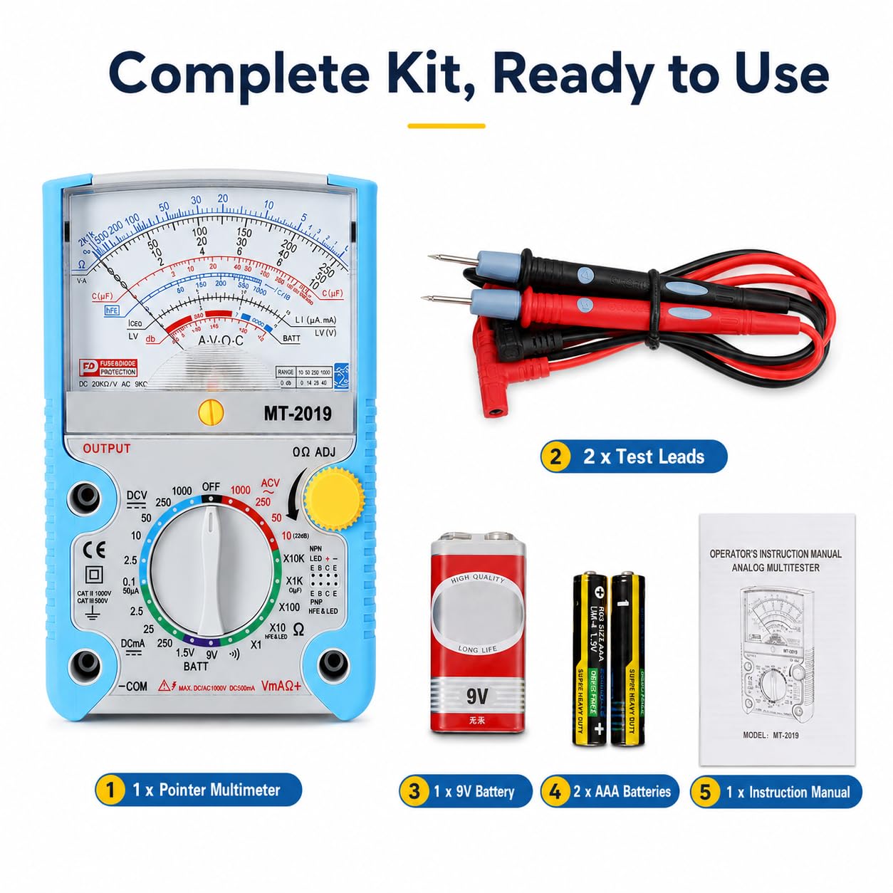 Multimetro Analogico Tester Elettricista Con Puntali | Tester Elettrico Multimetro Voltmetro Amperometro Ohmetro Tascabile Per Ac/Dc Tensione, Dc Corrente, Resistenza E Batterie