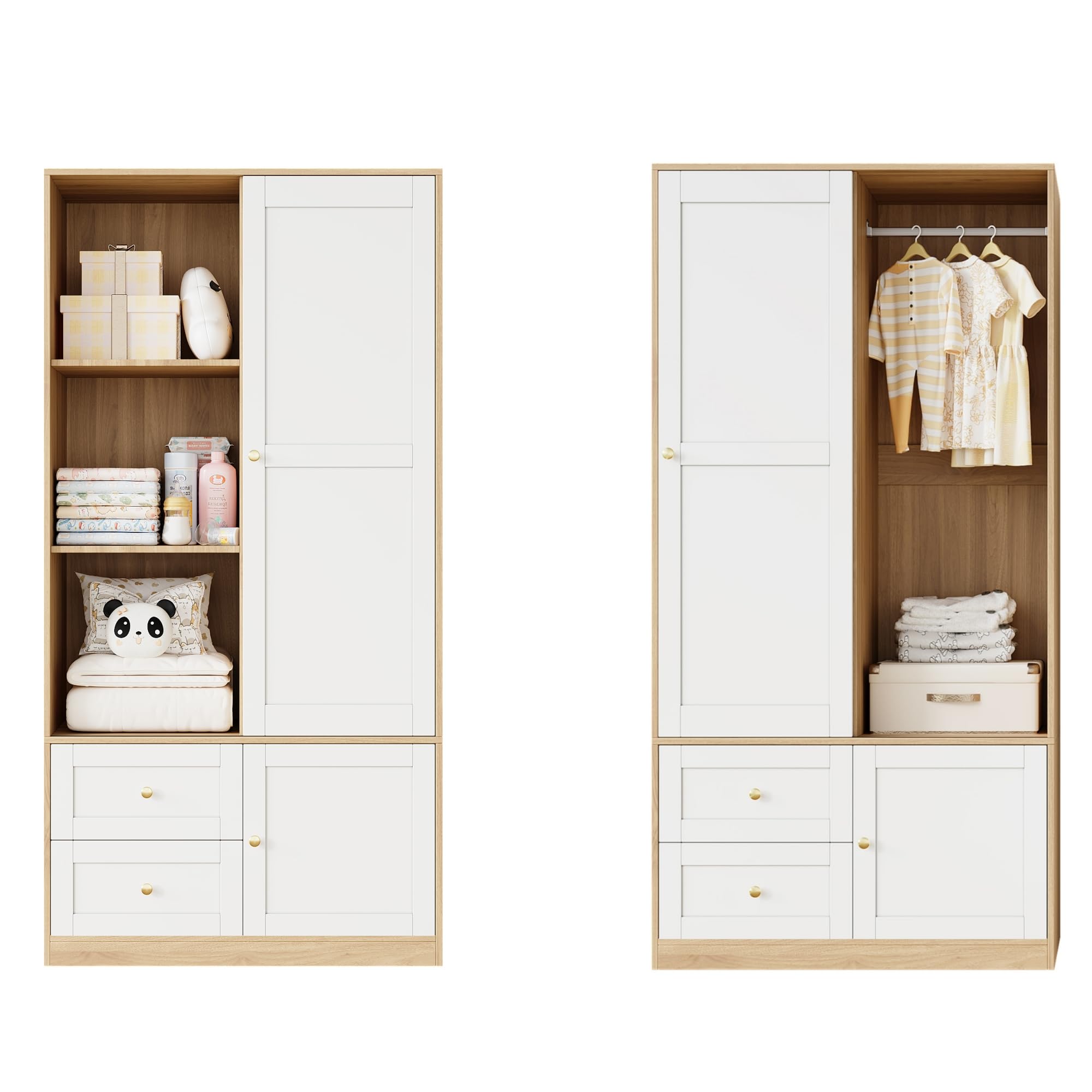 Armario con puertas correderas de madera blanca 90x50x180 cm, armario de puerta corredera multifunción con barra y cajones para dormitorio