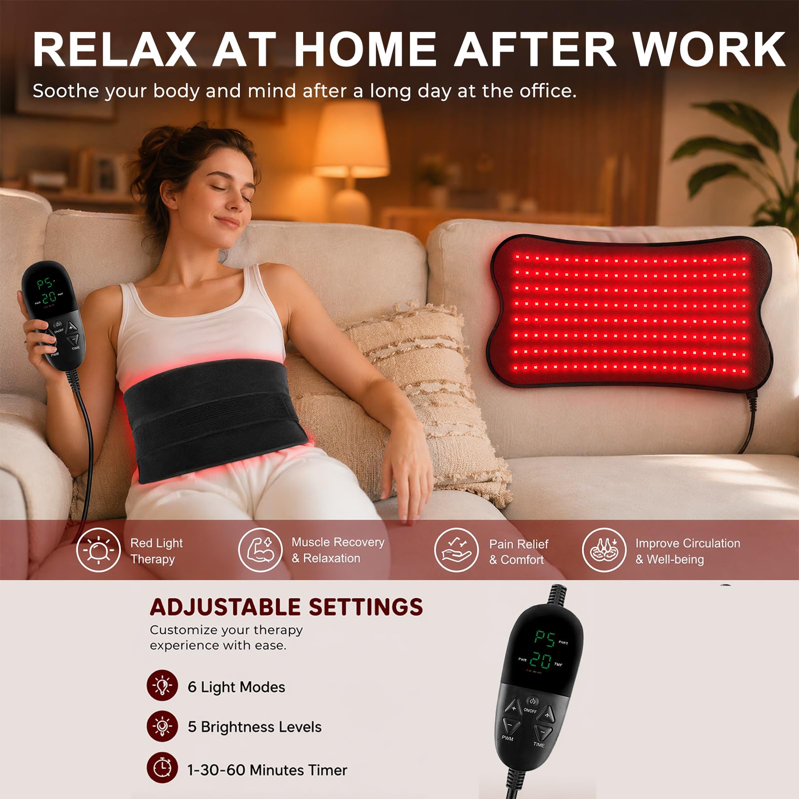 Esterilla de luz roja para terapia corporal, 210 ledes con 660 nm de luz roja y 850 nm infrarrojo cercano, 80 x 35 cm, 5 ajustes de brillo y tiempo para espalda, piernas, cintura y hombros