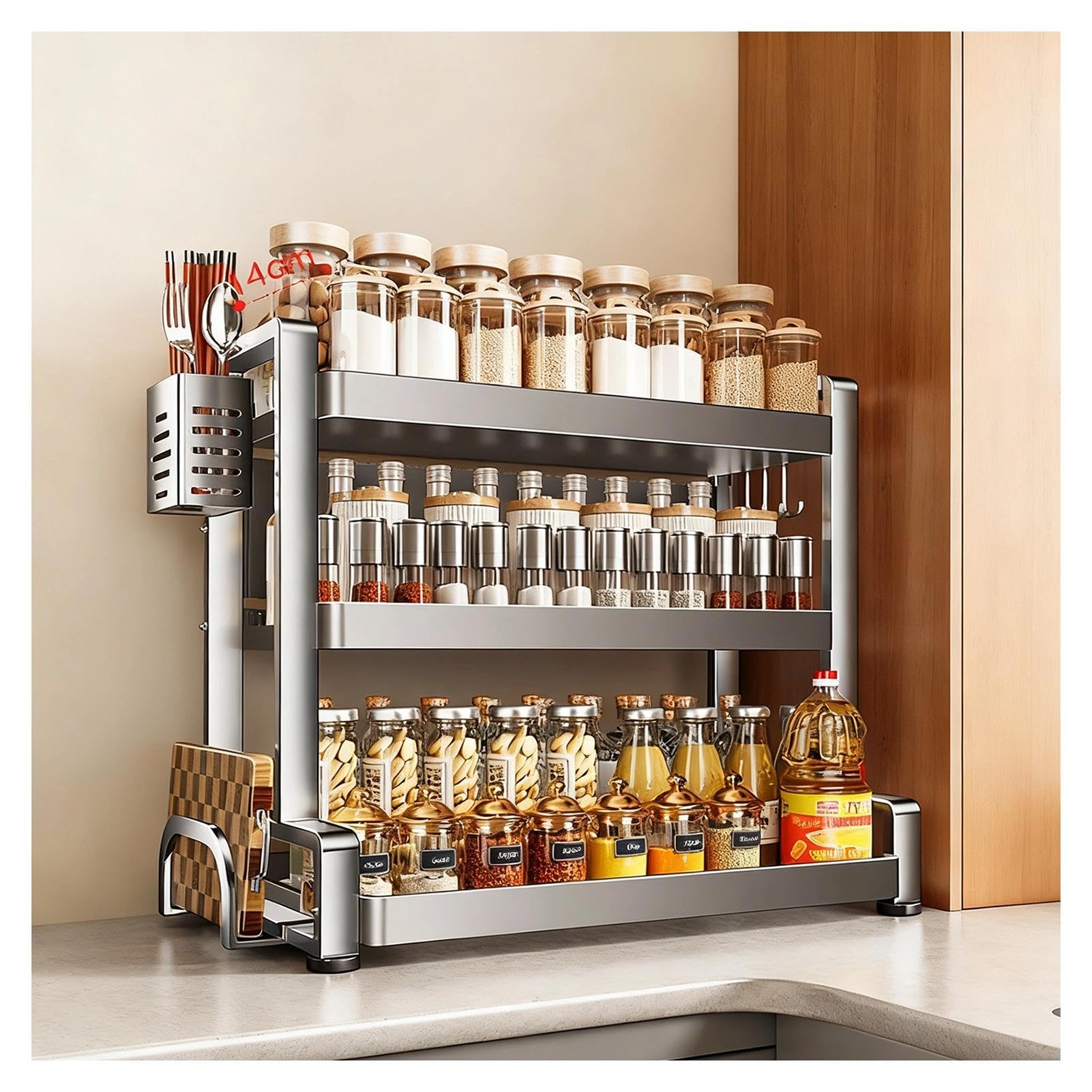 TIANQIHAO Stainless Steel Spice Rack, Freestanding With Knife Holder And Hooks, Multifunctional Storage For Kitchen, Pantry, Bathroom,3 Tier-19.7in