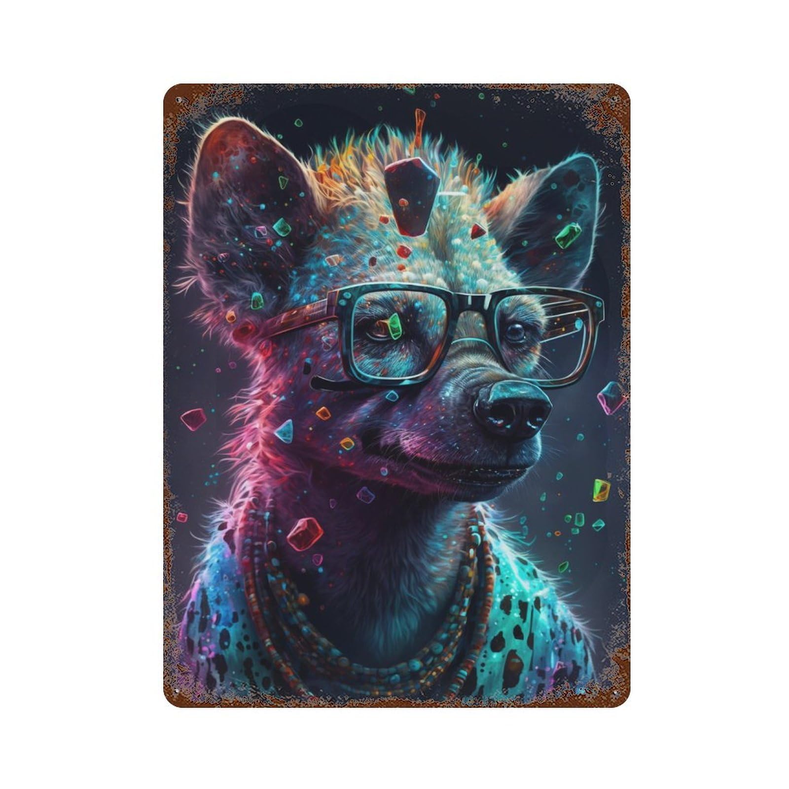 Colorful Hyena with Glasses Rust Effect Tin Sign 15.7"x11.8", Vintage Wall Decor for Pub, Kitchen And Man Cave Decor