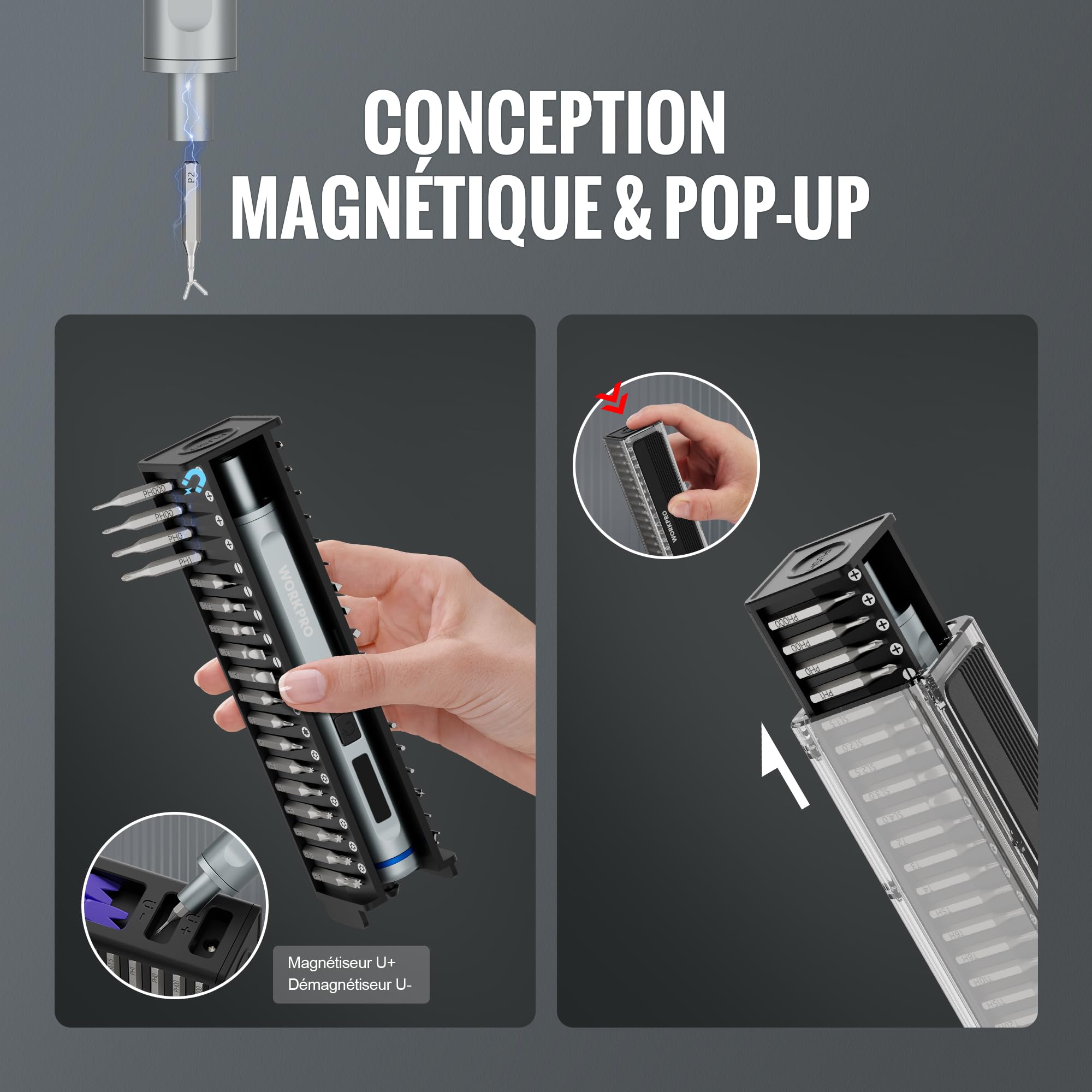 WORKPRO Tournevis Électrique de Précision 42 en 1 avec 36 Embouts | Embouts S2, Boîte Magnétique, Recharge USB Type-C, Idéal pour Téléphone, Montre et Appareil Photo