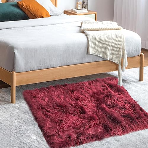 Miniatura 4 de Alfombra suave y esponjosa de forma rectangular sintética, alfombra de piel burdeos, funda de sofá, cojín de asiento, alfombra peluda junto a