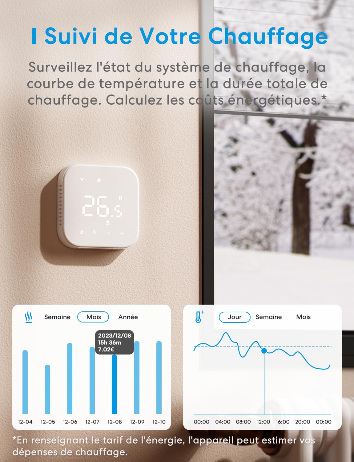 Meross Thermostat Connecté Matter pour Chaudière Gaz/Chauffage au Sol à Eau | Thermostat WiFi Compatible avec Apple Home, Alexa et Google Home, Capteur Externe, Détection de Fenêtre Ouverte, Blanc