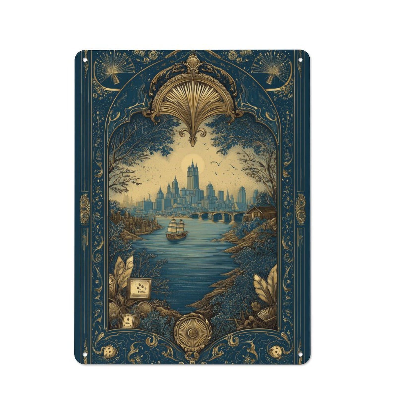 Junmoney Golden Cityscape Tin Wall Plaque 40X30cm With For Kitchen Or Home Bar, Metal Sign Decor For Dining Areas And Home Bars