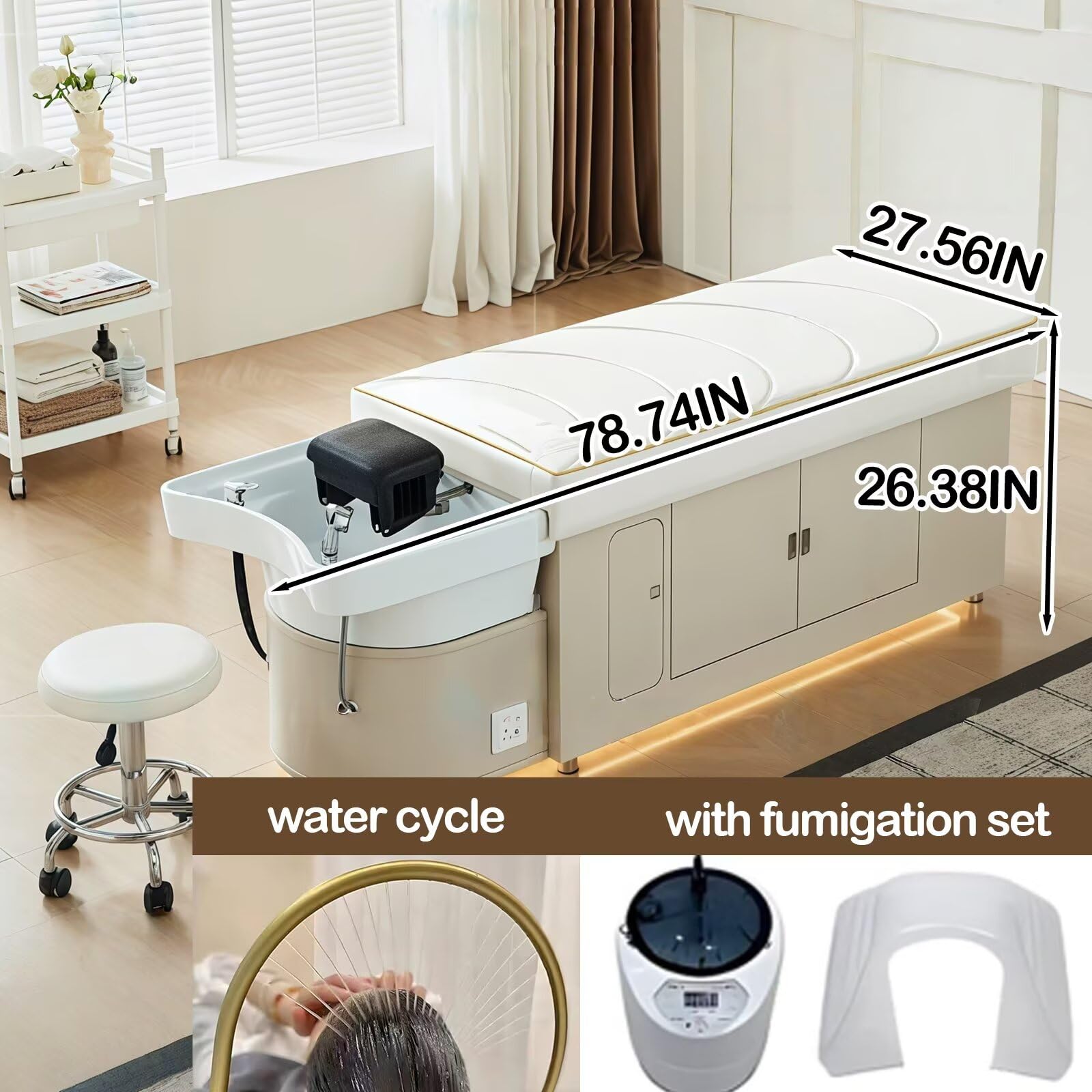 Łóżko spa do salonu fryzjerskiego, łóżko szampon z myciem i masażem włosów, obieg wody, dymiacja, nastrojowe światło, nowoczesny i czysty design, białe