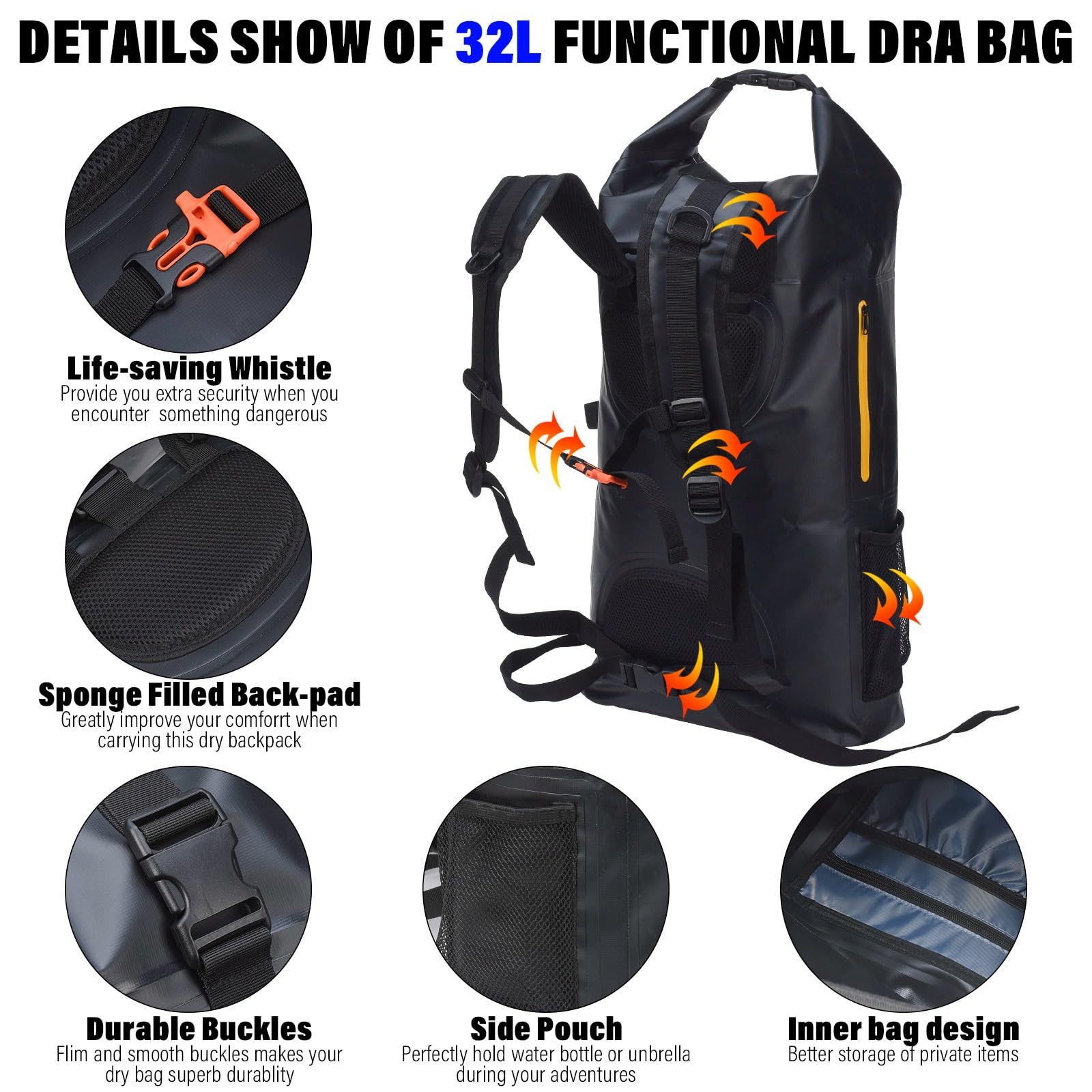 Blueshyhall Wodoszczelny plecak, torba marynarska, wodoodporna torba sportowa, torba Duffel Bag Dry Bag, wytrzymała torba, torba zwijana, plecak z kieszenią wewnętrzną, na łódź, kemping (czarny, 32 l)