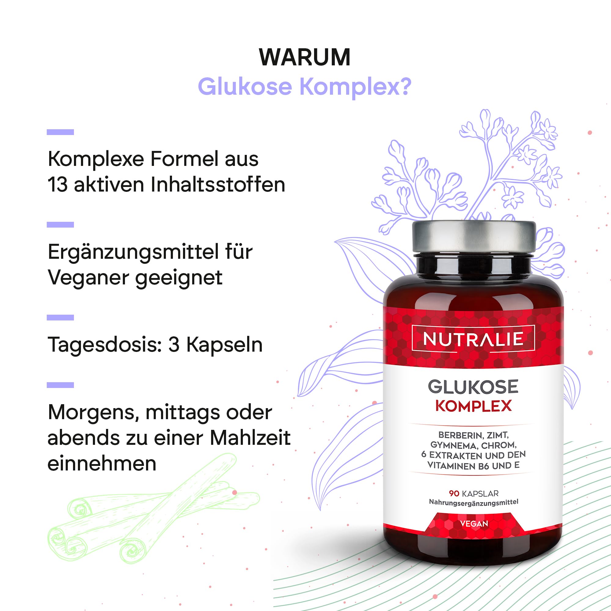 Glukose Komplex 2000mg - Berberin Zimt Chrom Bittermelone Gymnema Schwarzer Pfeffer Vitamin E B6-90 Kapseln Nutralie