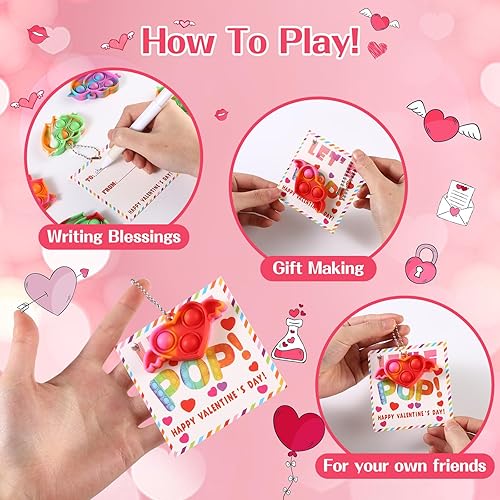 Miniatura 4 de Weceit Regalos para el día de San Valentín para niños, tarjetas de San Valentín con 30 llaveros de burbujas de corazón, mini juguetes sensoriales