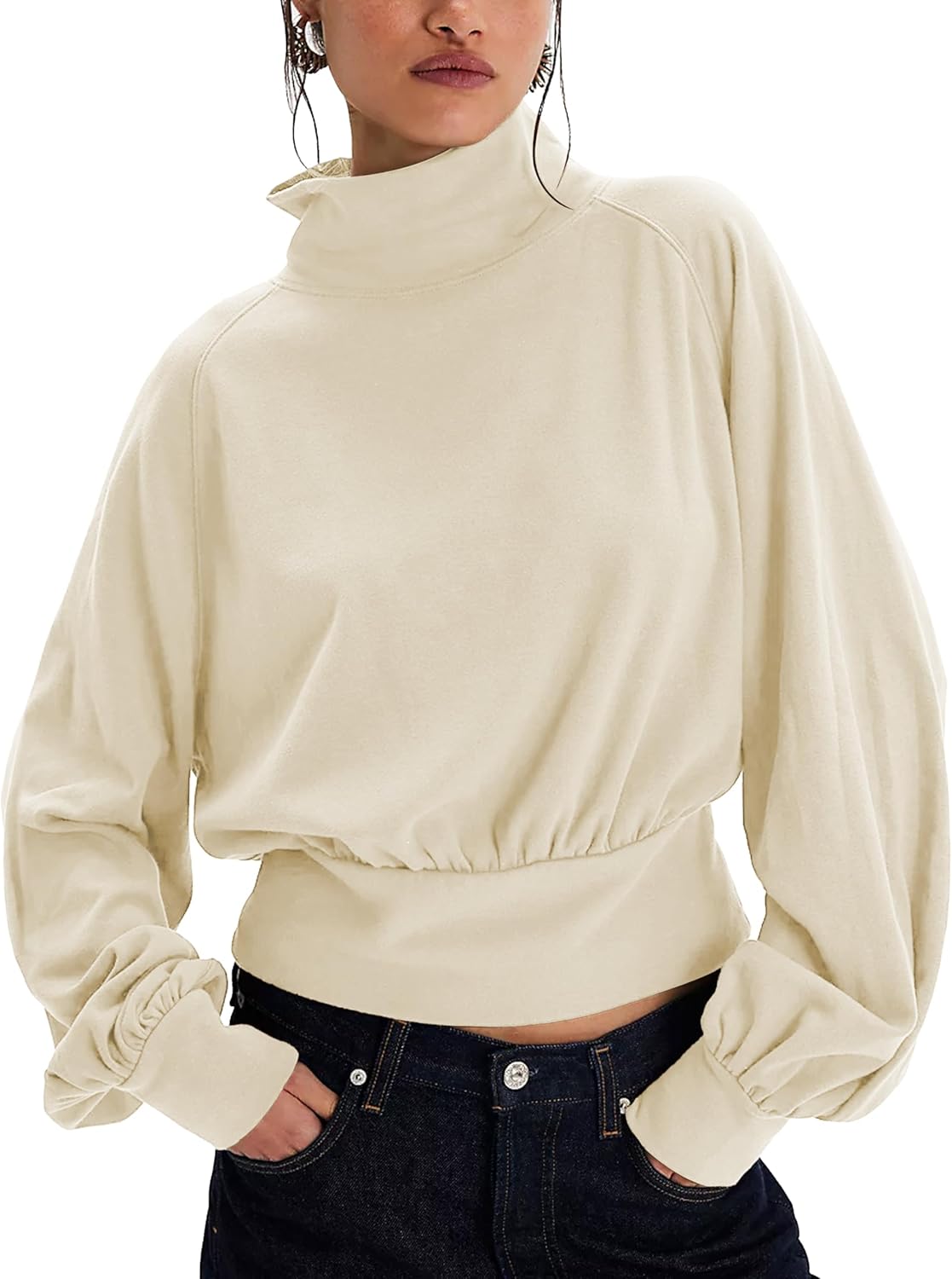 Womens Pullover Sweatshirts Fleece Lining Turtleneck Oversized Top Balloon Sleeves Cozy Fall Winter Casual Outfits