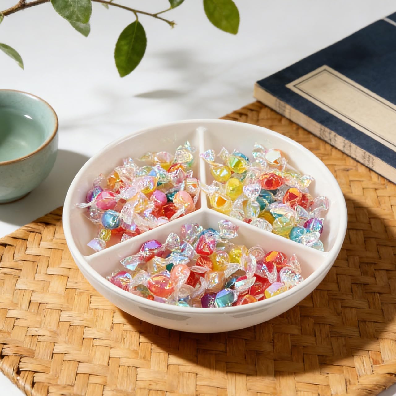 DOITOOL Keramik-Serviertablett: Japanische Müslischale mit Trennwand – 3 Fächer Gewürzschale – unterteilte Servierplatte für unterhaltsame Snacks, Vorspeisen, Obst, Süßigkeiten