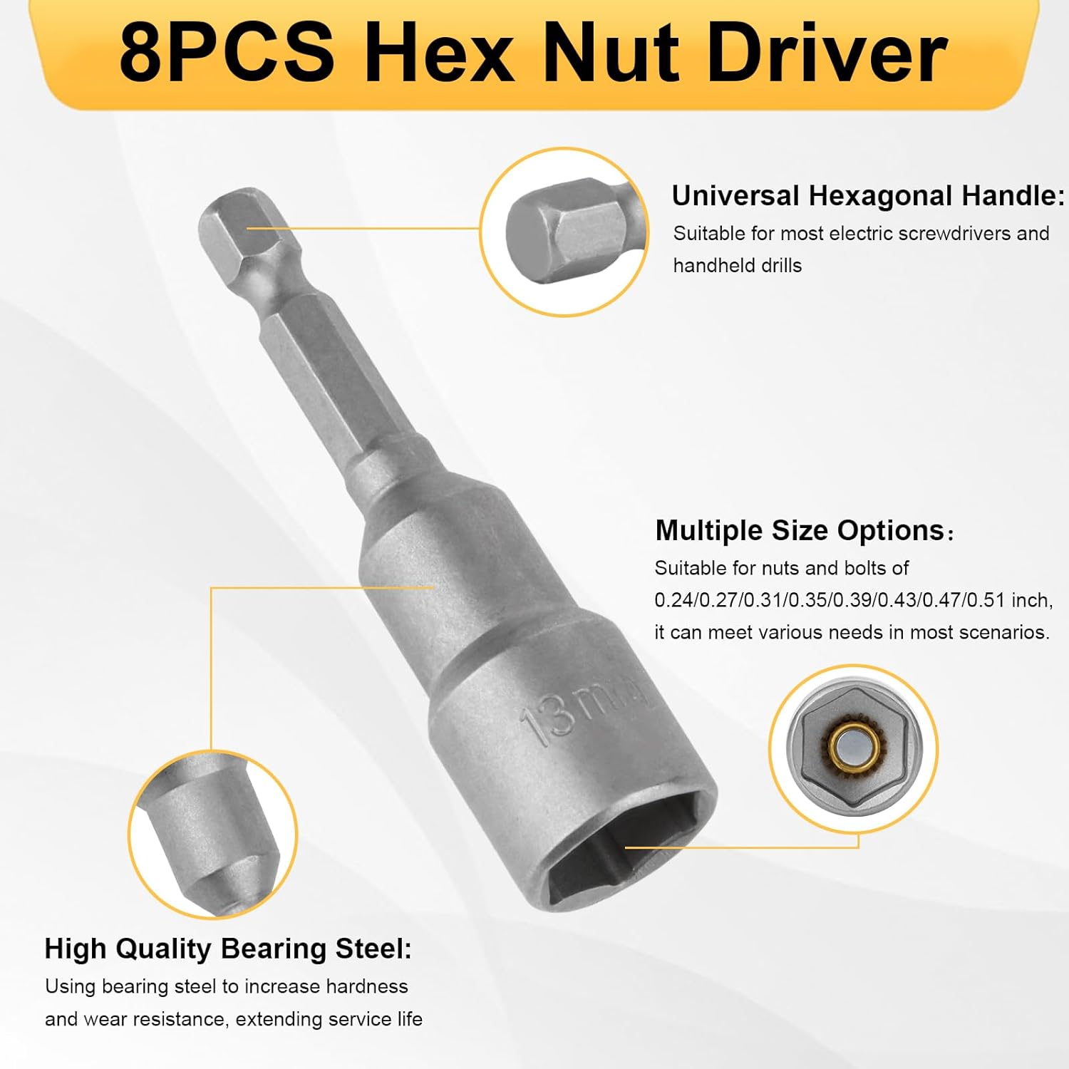 8 PCS Hex Nut Driver, Magnetic Power Nut Driver Bit Sets, Bearing Steel Drill Bit Holder, Socket Adapter Hex Set for Electric Drill