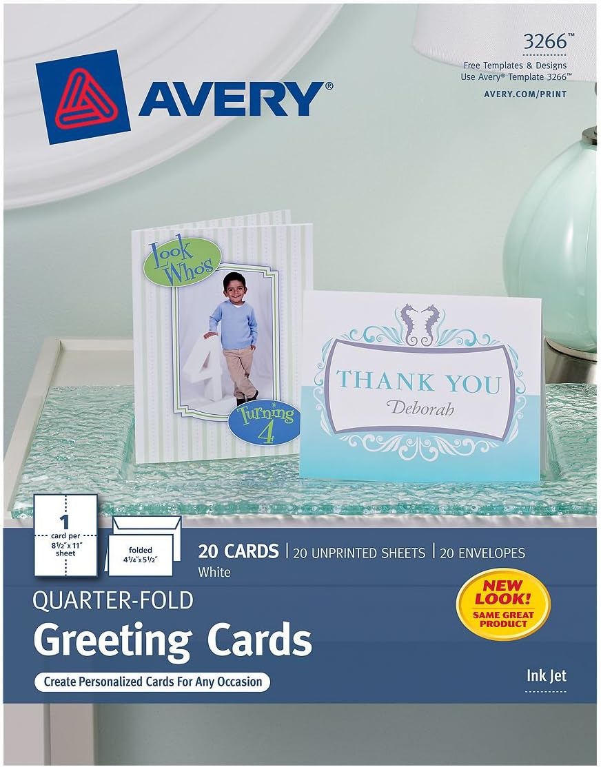 Avery Printable Greeting Cards, Quarter-Fold, 4.25" x 5.5", Matte White, 20 Blank Cards with Envelopes (3266)