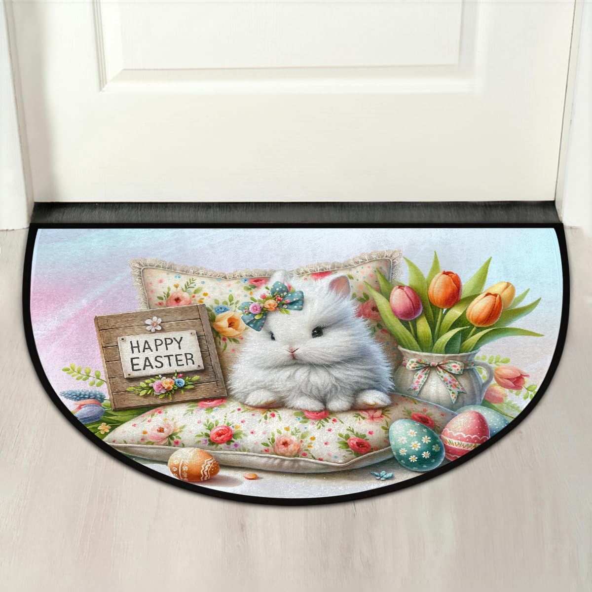 Half Round Doormat Easter Animal Bunnies Washable Semi Circle Area Rug Non Slip Absorbent Half Moon Rug for Indoor Outdoor Bathroom Kitchen Patio Front Welcome Fireplace Hearth Floor Mat