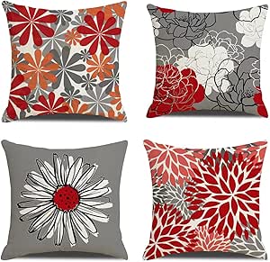 Set 4 Federe Cuscino 40x40cm - Stampa Floreale Margherita Grigio, Cotone E Lino - Foto 10