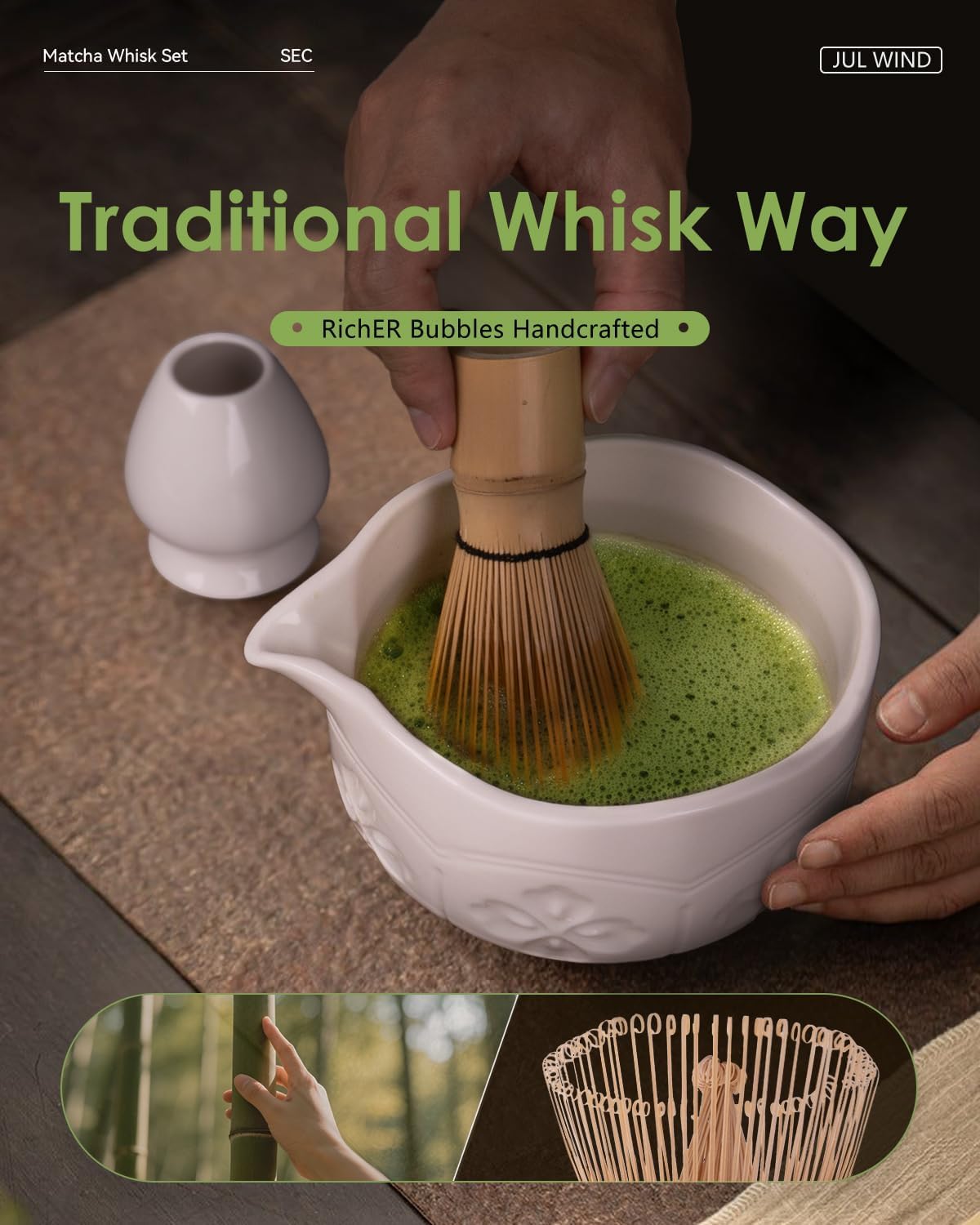 Matcha Whisk Set, Ceramic Matcha Bowl with Spout, Bamboo Whisk, Scoop, Sifter, Holder, Tea Towel - 6Pcs Matcha Kit Gift for Matcha Lovers Beginners (White) - Image 5