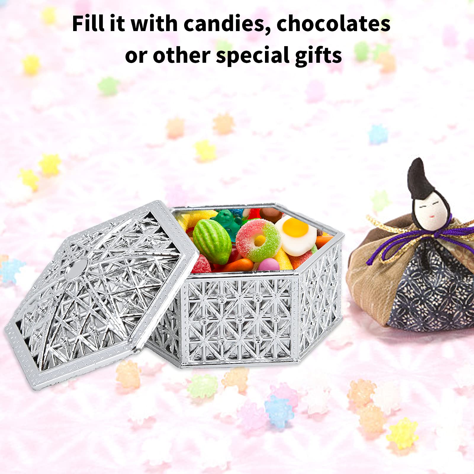 Candy Box 12Pcs Plastic Hollow Carving Candy Storage Box Candy Can Case Container for Wedding Valentines Party Supplies Candy Gift Case(Silver Hex)