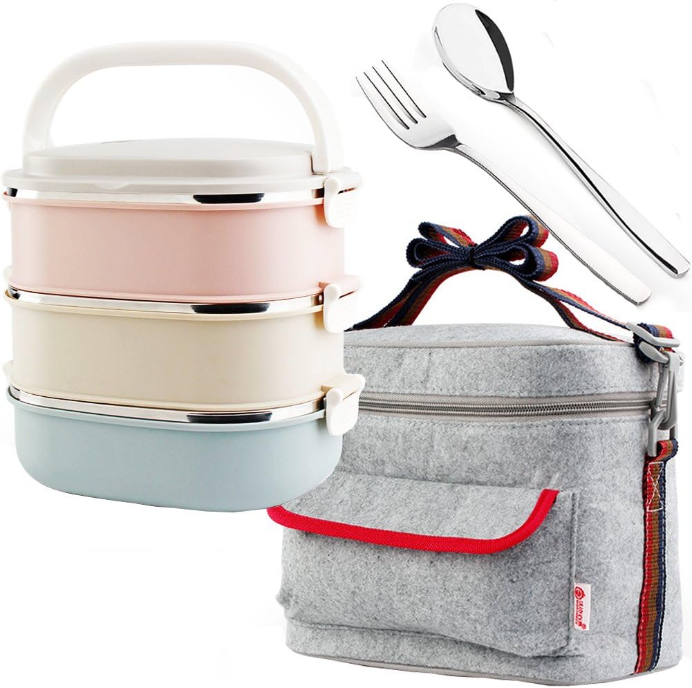 Stainless Steel Food Storage Container, Lunch Box with 3 Stackable Round Bowls Lid of Food Saver with Carry Handle for Work Lunches, Picnic, Travel, BBQs, Camping, Beach and Sporting Events（With Carrying Bag）