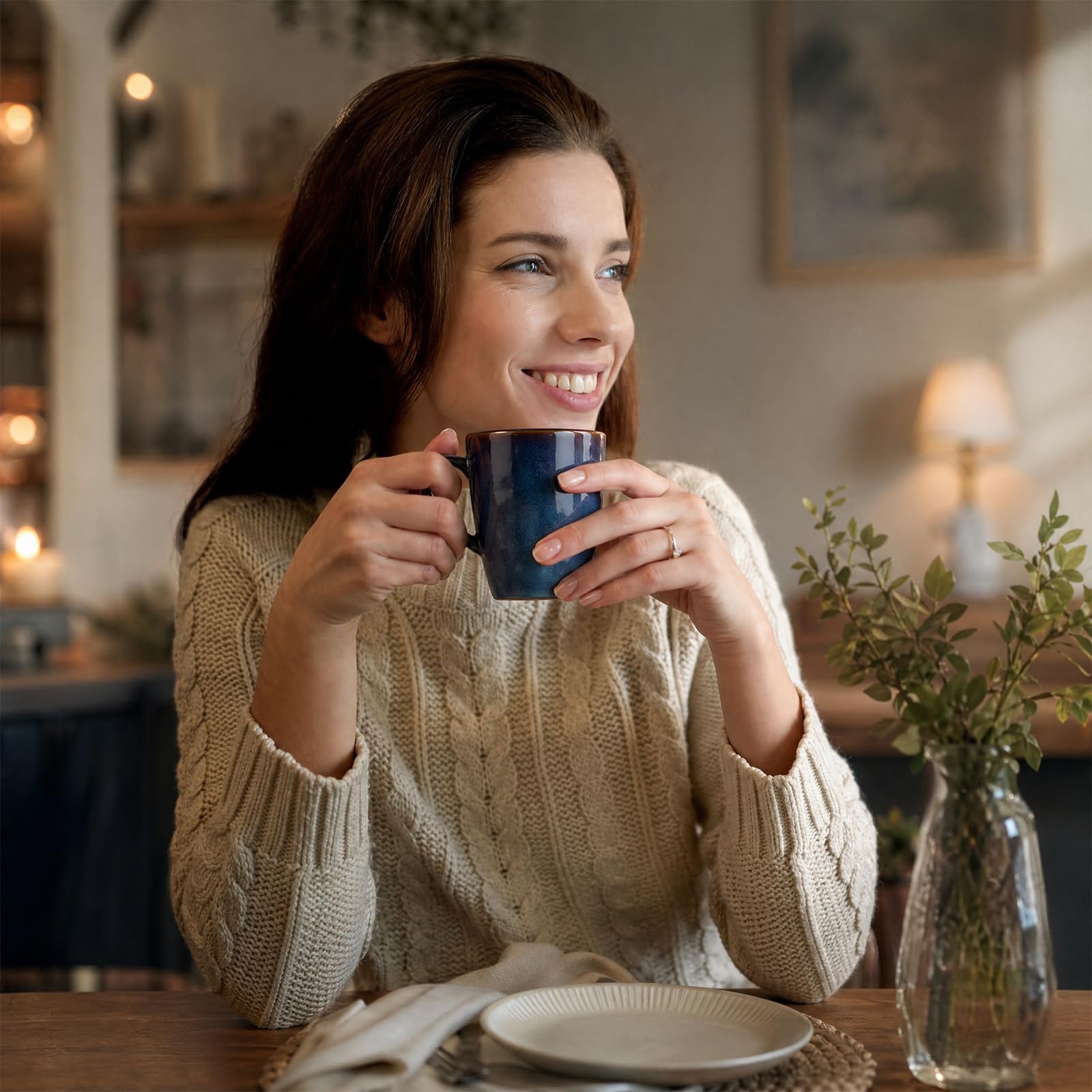 Kaffeebecher Set 6 Stück Tassen Set 370ml Kaffeetassen Porzellan mit Henkel, Teetasse Groß Milchkaffeetasse Kaffeepott für Espresso Cappuccino Keramiktasse in Mitternachtsblau