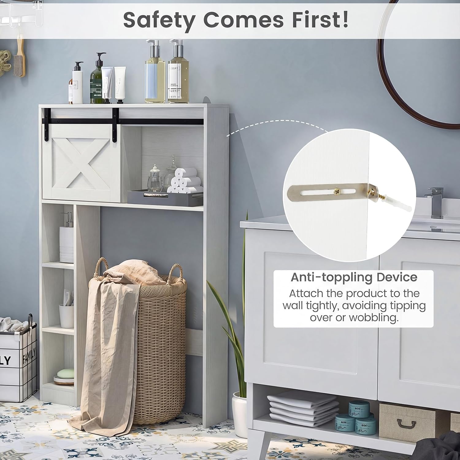 Over the Toilet Storage Cabinet, Freestanding Bathroom Organizer with Sliding Barn Door & Open Shelves, Farmhouse Bathroom Space Saver for Bathroom, Laundry Room, Balcony (White)