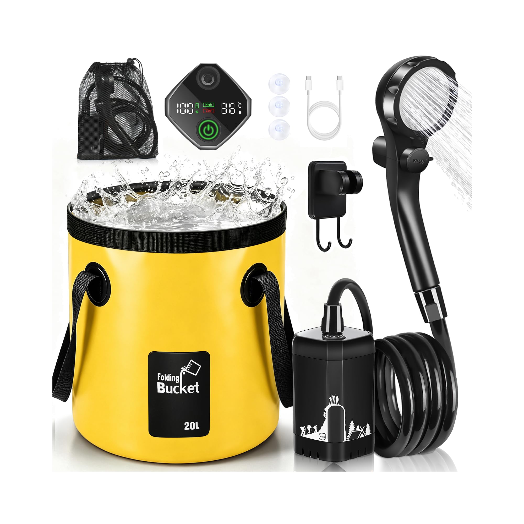 7800mAh Portable Camping Shower with Bucket, Digital Display & Temperature — image 1