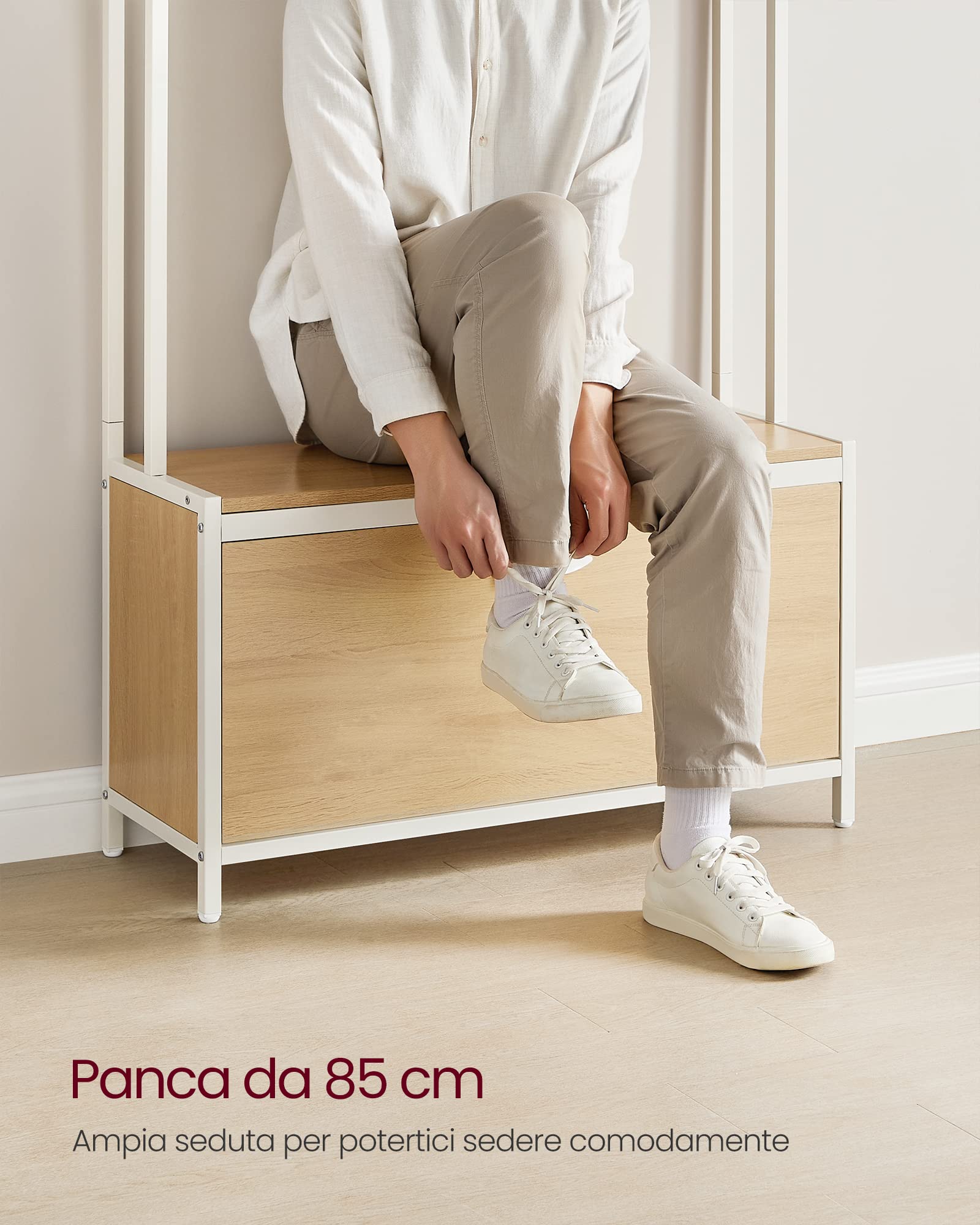 VASAGLE Appendiabiti con Scarpiera a Ribalta, Mobile da Ingresso, con Panca, 9 Ganci e Mensola Superiore, per Corridoio Camera da Letto, Stile Moderno, Rovere e Bianco HSR405W09