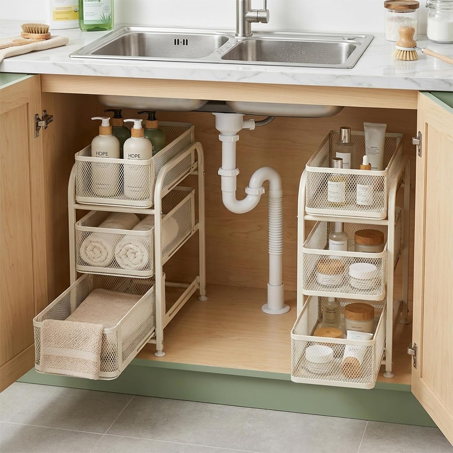 PureBox 3 Tier Under Sink Organizer, Pull Out Cabinet Storage Organizer with Sliding Mesh Drawers, Heavy Duty Metal Under Sink Storage for Kitchen, Bathroom, Cabinet, Small Space, White, 1 Pack