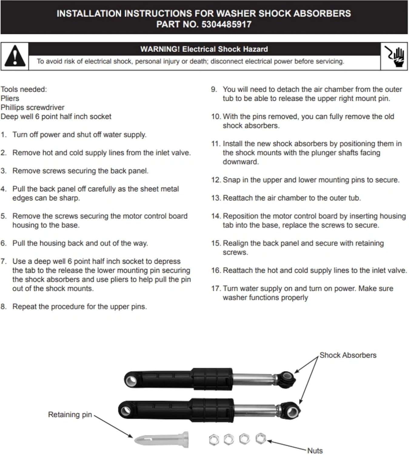 Replacement 5304485917 Washer Shock Absorber kit Fits Frigidaire, Electrolux Washing machine