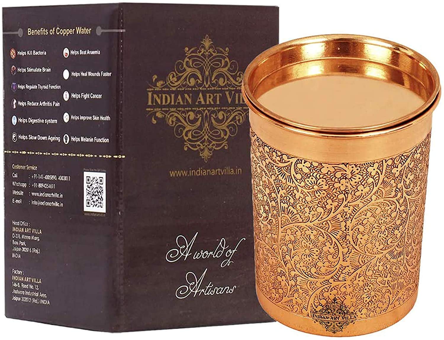 Indian Art Villa Copper Glass Tumbler Cup with Lid, Embossed Design, Drinkware, 10 OZ Each, Set of 6