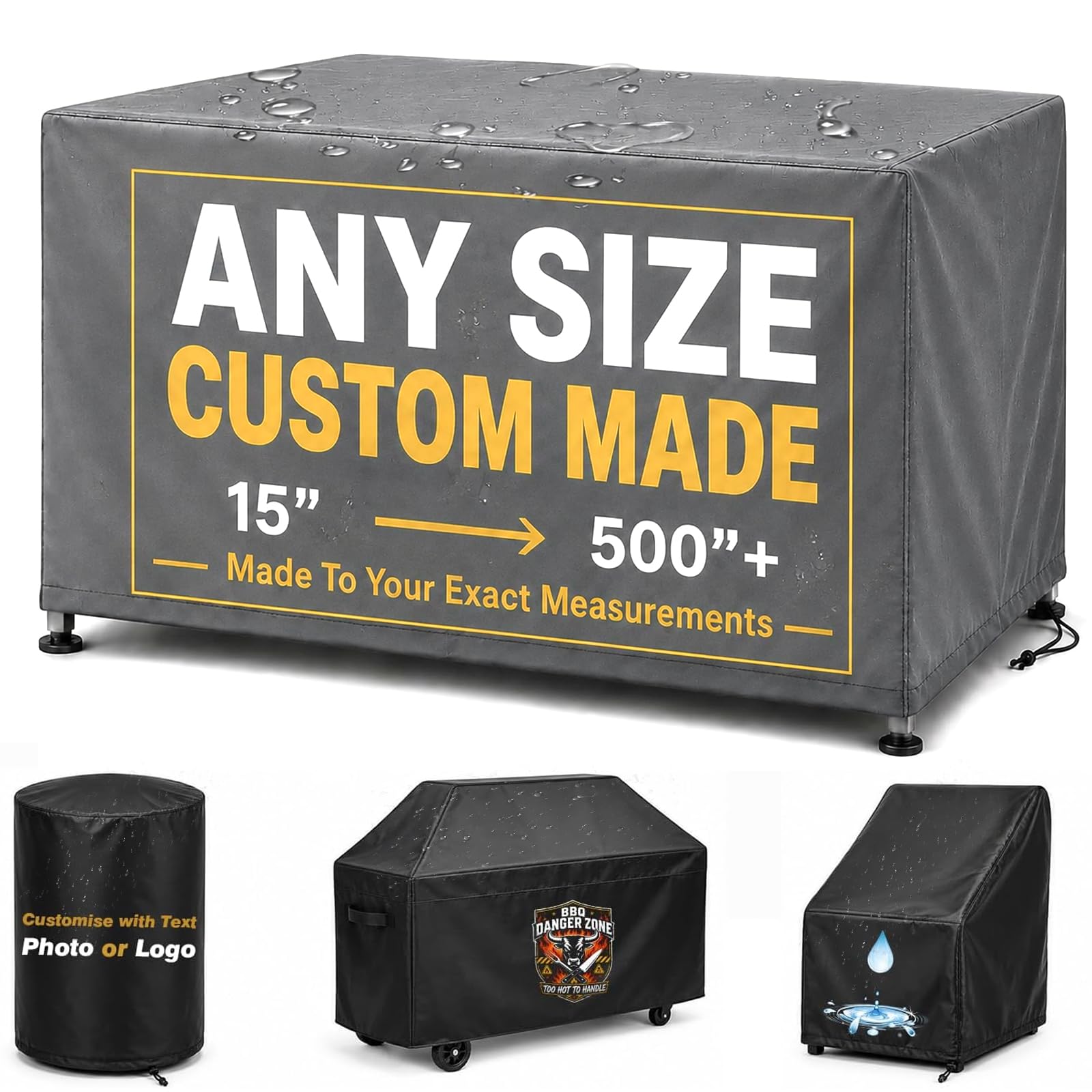 lwe Custom Size Waterproof Dust Cover, Made to Measure with Personalised Logo or Text, Heavy Duty Oxford for Garden Furniture, BBQs, Generators and Equipment (Grey)