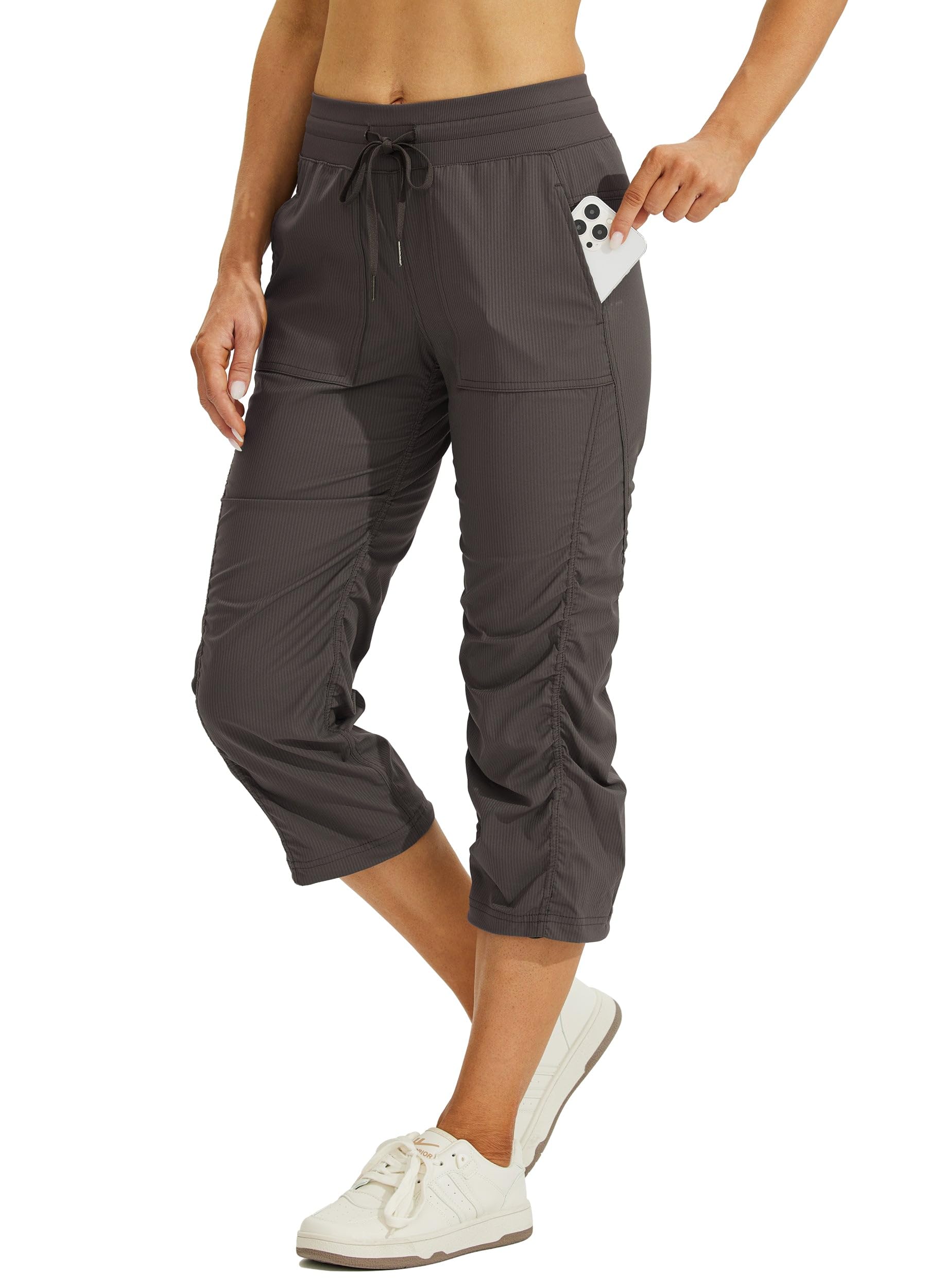 Willit Women's Woven Capris Hiking Travel Pants Striped Workout Drawstring Pants with Pockets Lightweight Quick Dry