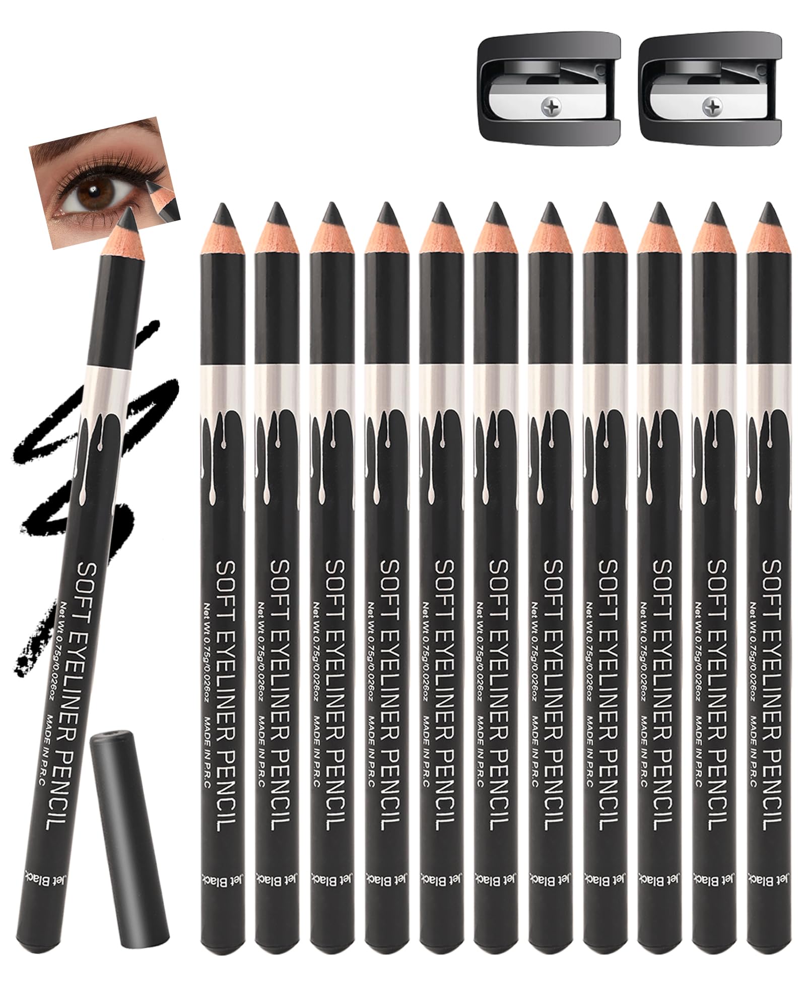 Matte Eyeliner Black, Silky Soft Eyeliner with Sharpener, Waterproof, Long-Lasting, Multi-Use Eye Liner Pen, Vegan, Highly Pigmented Eyeliner Intensive Black Makeup Pen for Women, Pack of 12