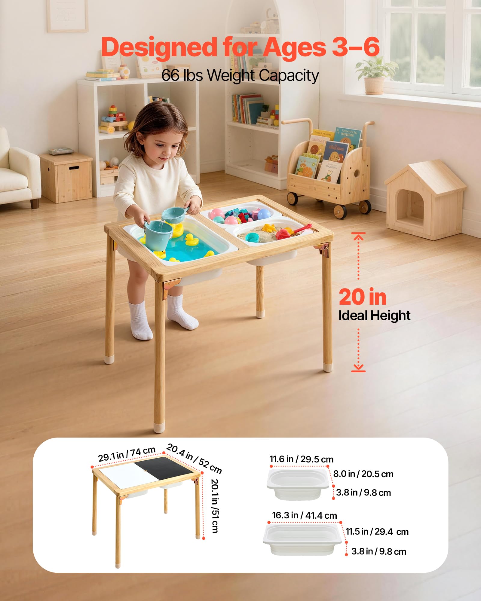 VEVOR Tavolo Sensoriale per Bambini Piccoli, Scrivania da Gioco Pieghevole in Legno con Piano a Doppio Lato, Contenitori Portaoggetti e Piedini Antiscivolo, per attività con Sabbia e Acqua Crescita