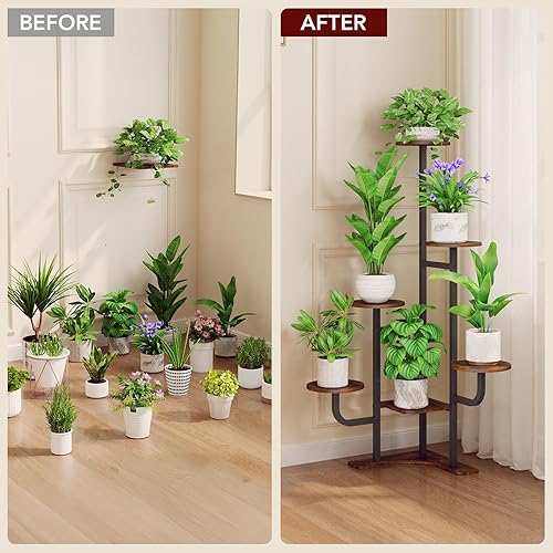 Miniatura 8 de Soporte de esquina para plantas con luz de crecimiento, soporte para plantas de 6 niveles, estante redondo de metal para plantas con luz ajustable,