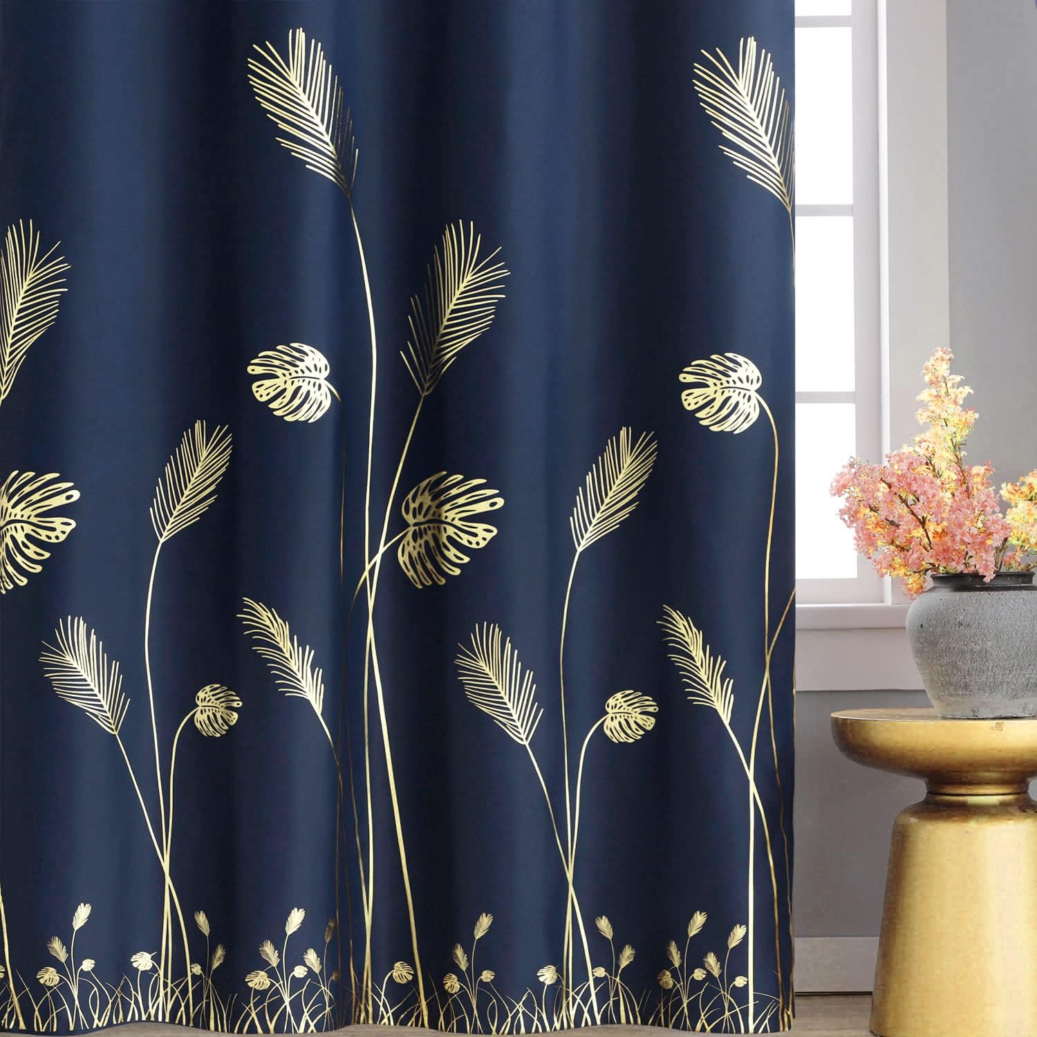 Estelar Textiler Navy Blue Blackout Curtains for Living Room 84 Inch Length 2 Panels Set, Gold Palm Leaves Printed Window Drapes, Energy Saving Curtains for Bedroom, 52Wx84L