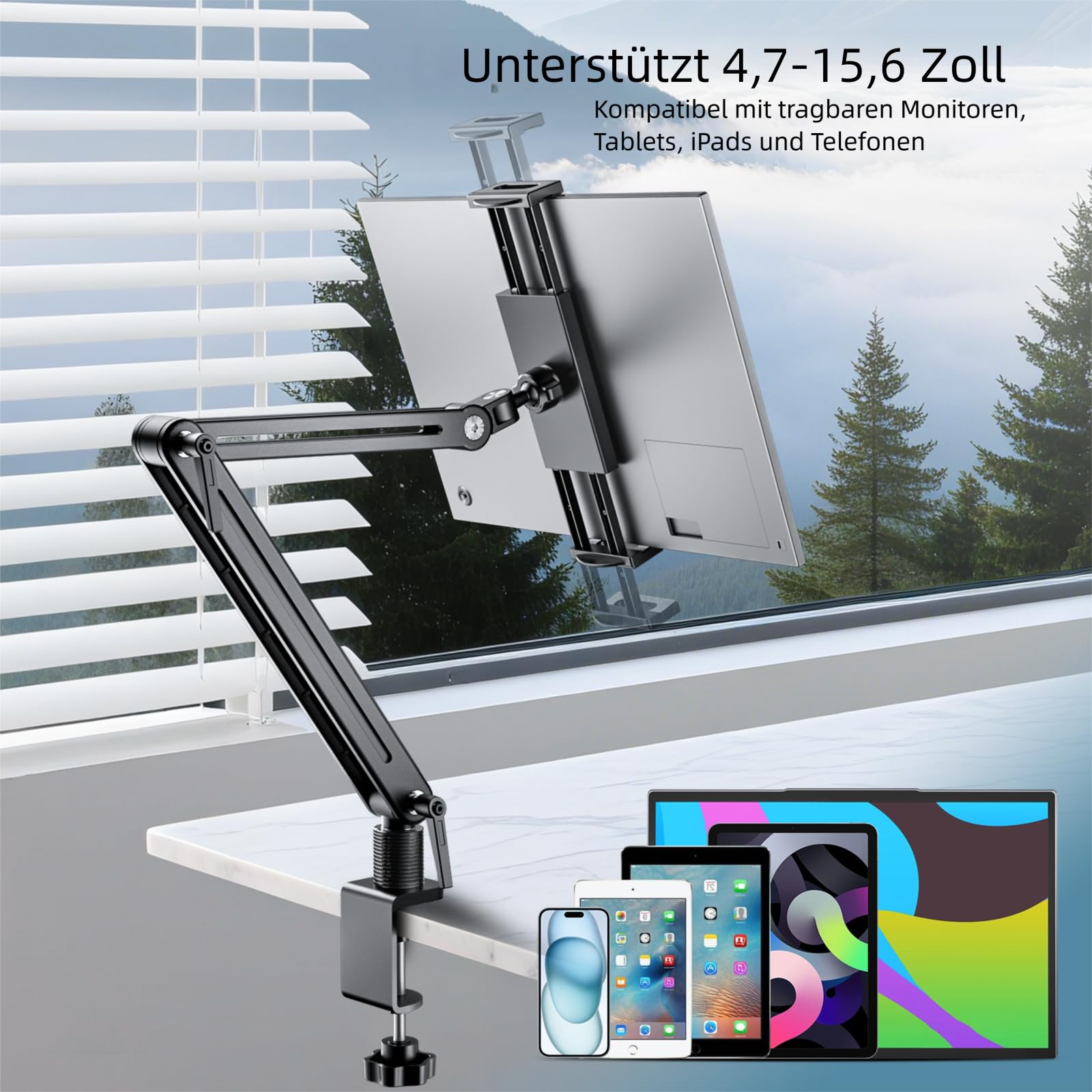 Aluminium Tablet Halterung mit Schwenkarm - 360° Drehbare Metallbasis, Flexibler Arm, Kompatibel mit iPad Air/Pro/Mini, Samsung Galaxy (15.6in)