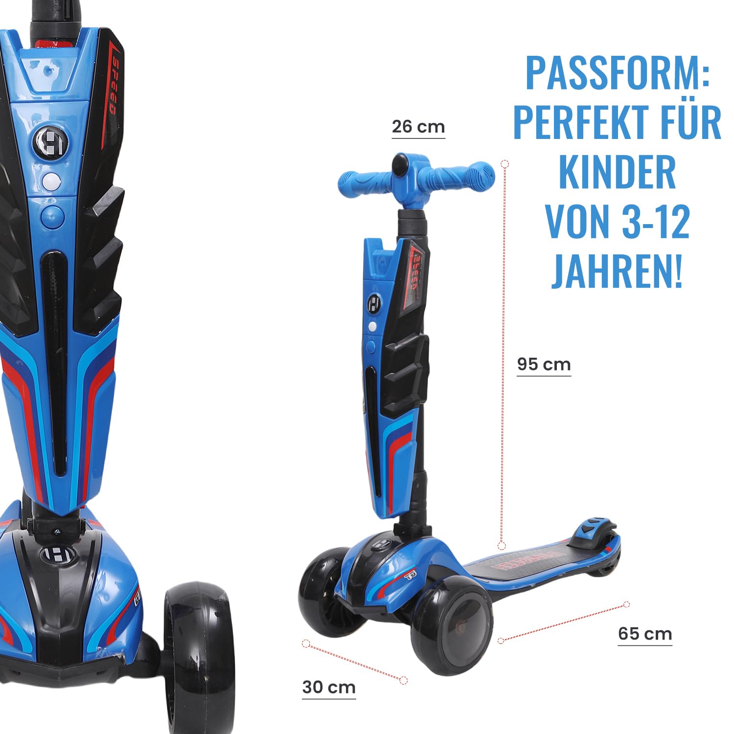 Habib Kinderroller LED Leuchträder, 3 Rad Tretroller - Klappbar, Höhenverstellbar, Mädchen & Jungen, Scooter 3-12 Jahre, bis 50kg