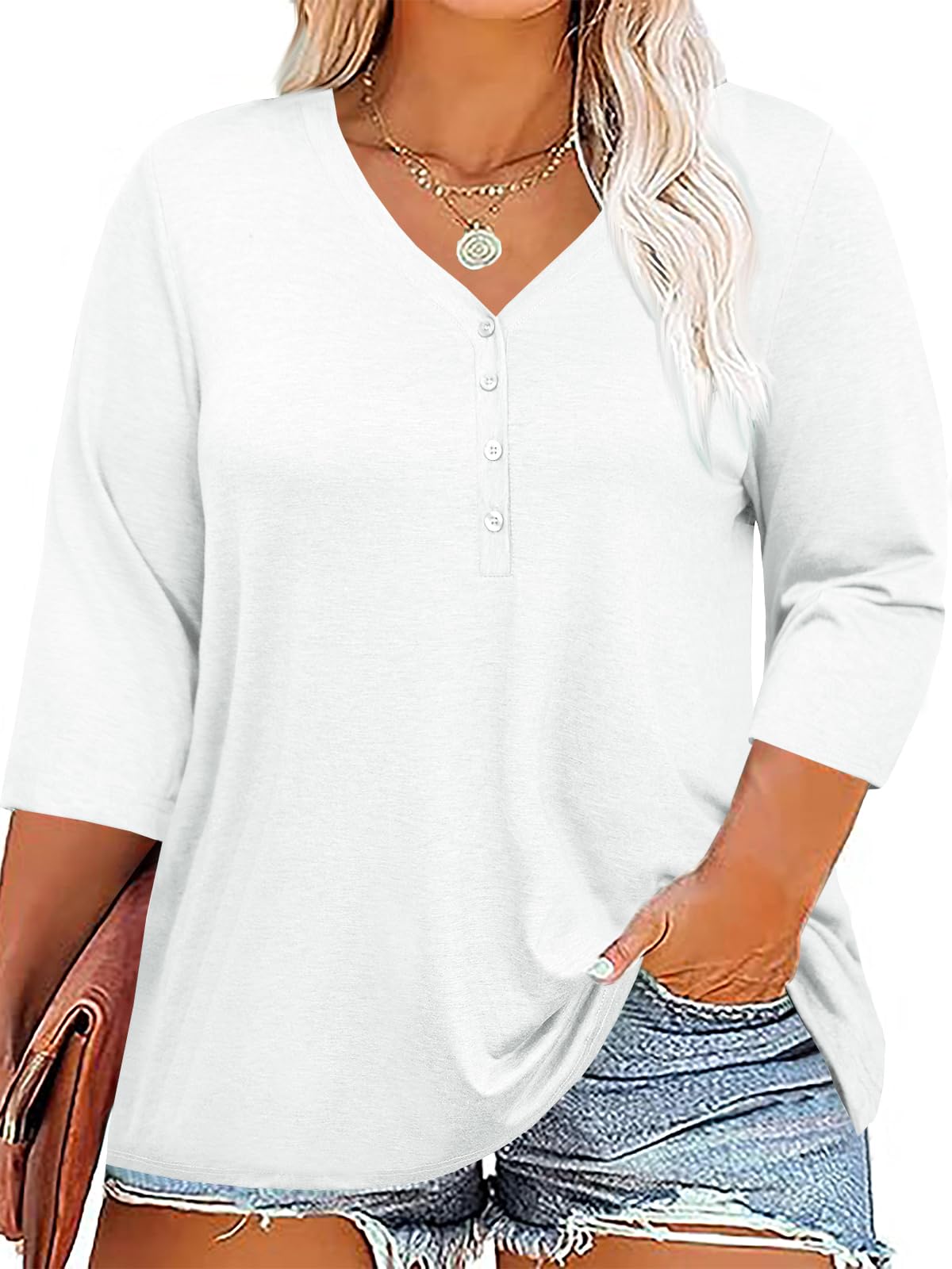 Fisoew Damen Große Größen Bluse 3/4 Ärmel Blusenshirt Tiefer V-Ausschnitt T-Shirt mit Knopf Oversized Tunika Shirts